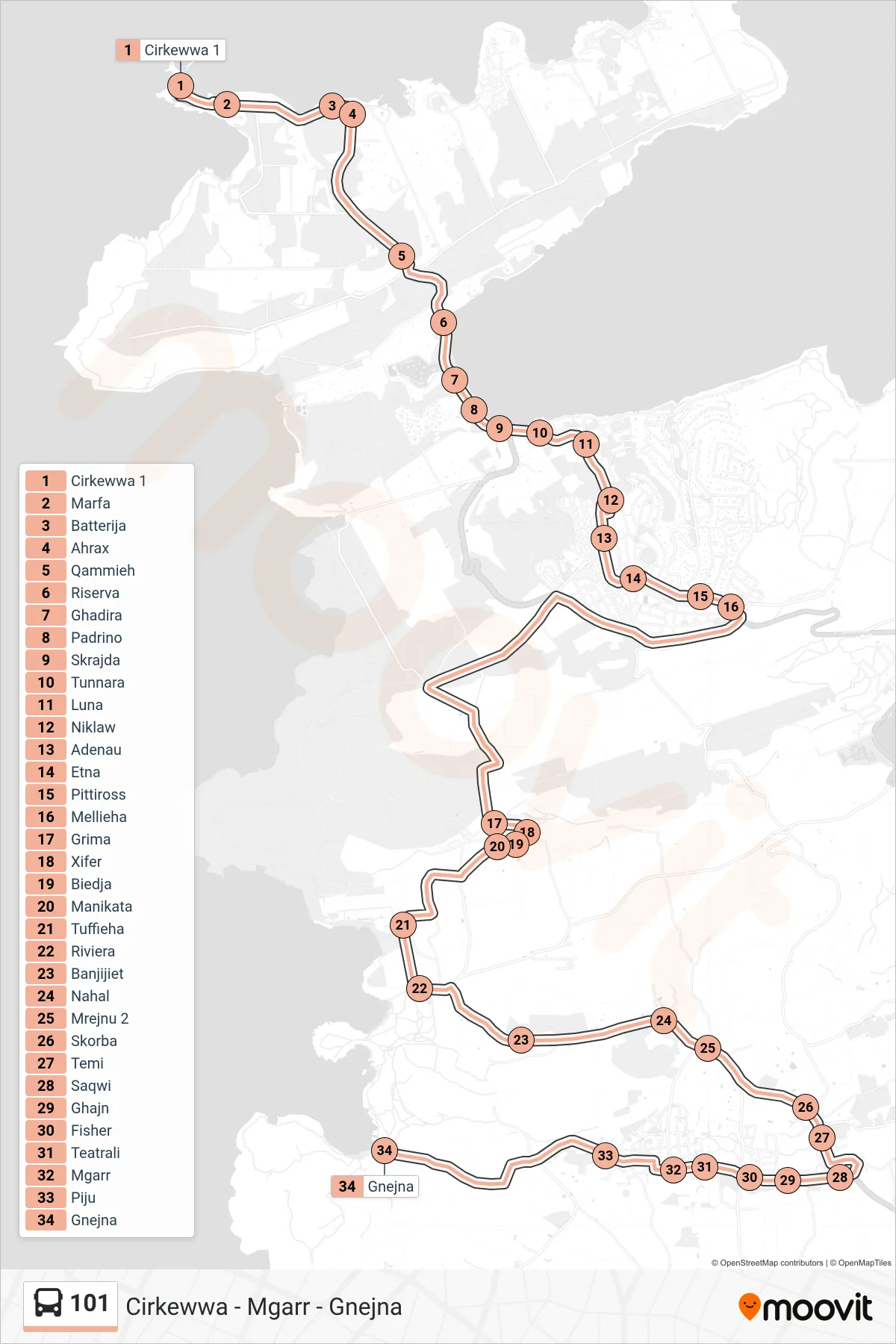 Linea 101 bus (Gnejna) - Percorsi e fermate sulla mappa