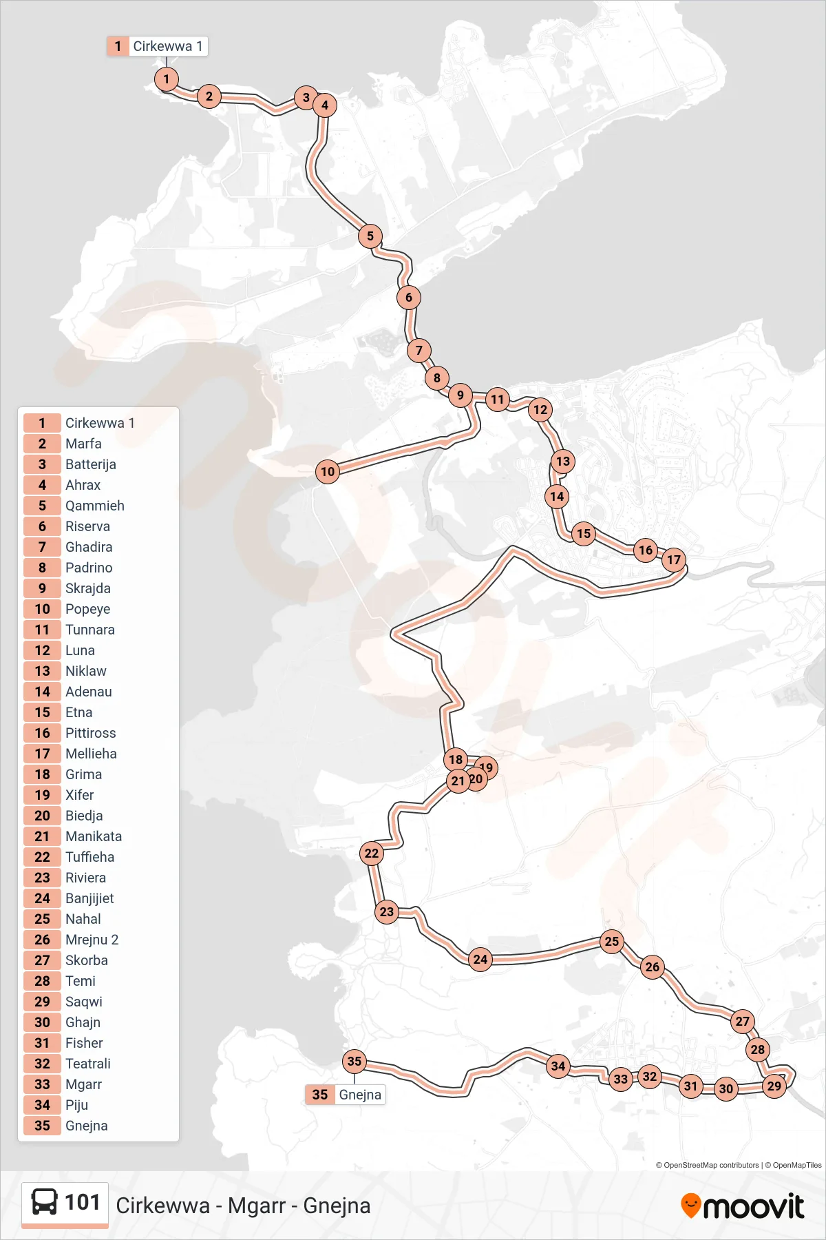 Linea 101 bus (Gnejna Via Popeye) - Percorsi e fermate sulla mappa