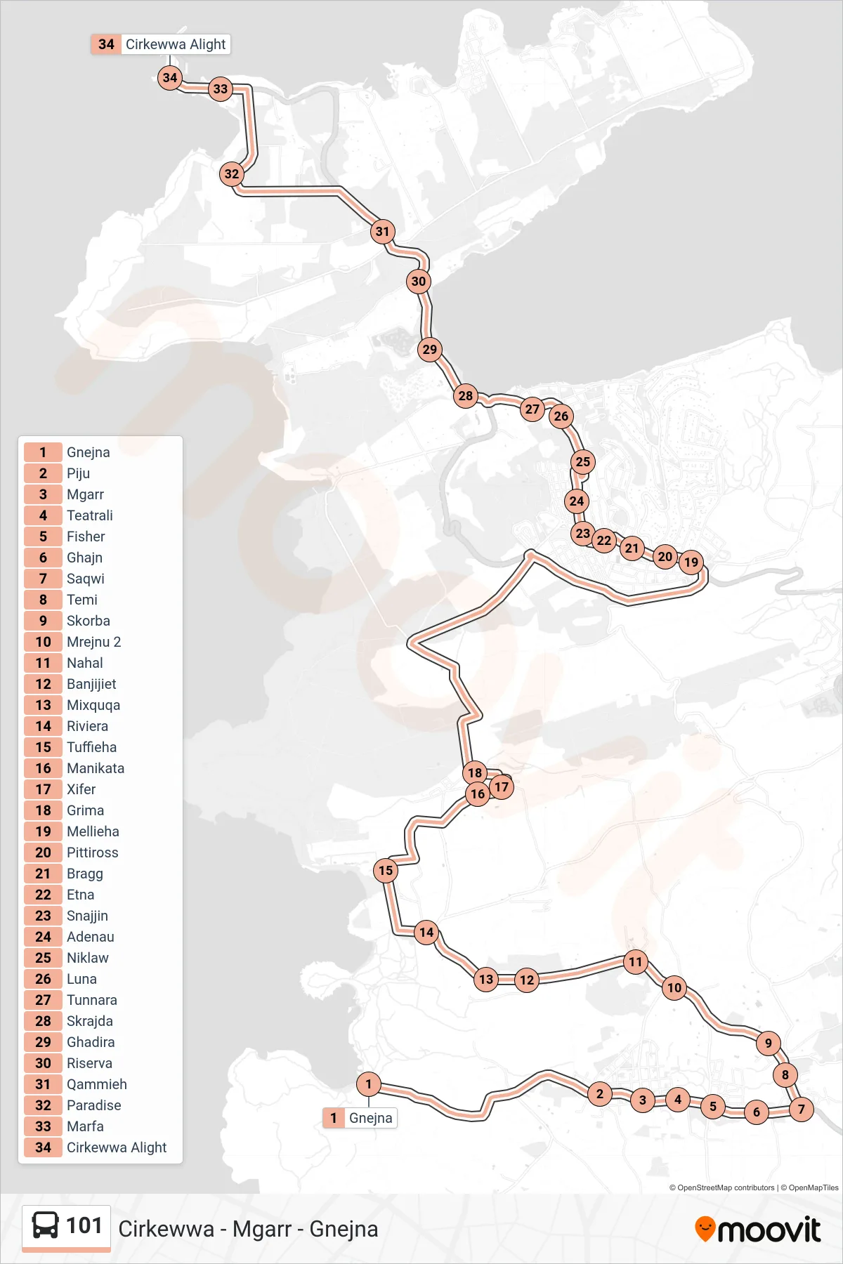 Linea 101  bus (Cirkewwa) - Percorsi e fermate sulla mappa
