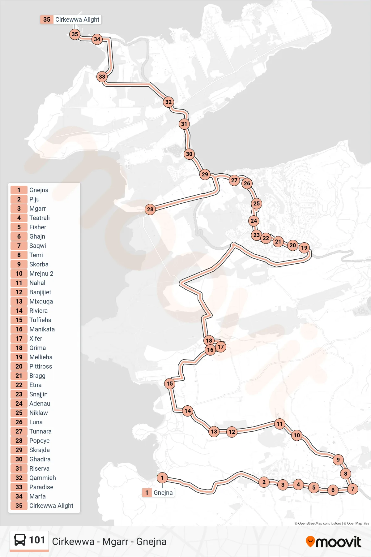 Linea 101 bus (Cirkewwa Via Popeye) - Percorsi e fermate sulla mappa