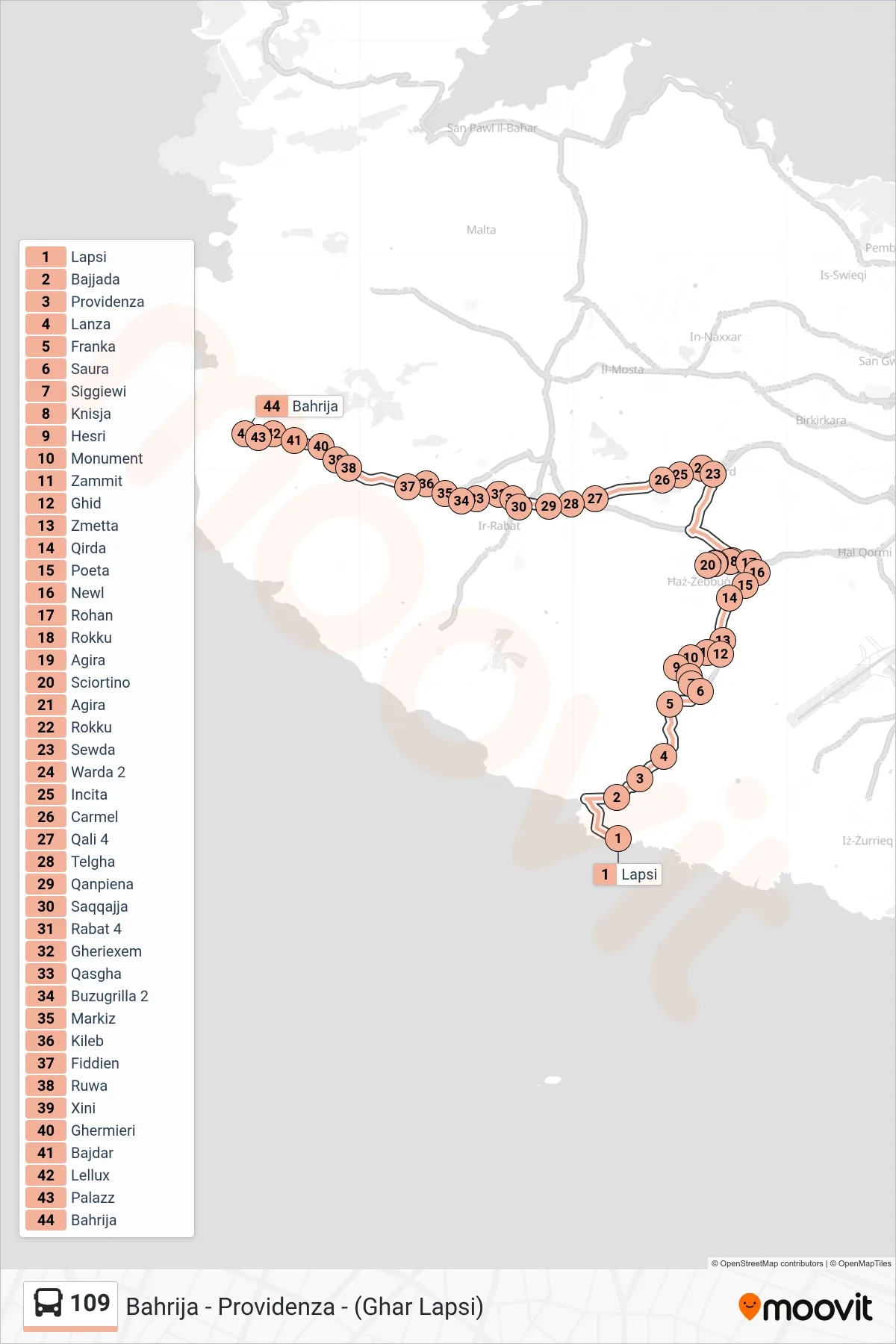 Linea 109 bus (Bahrija) - Percorsi e fermate sulla mappa