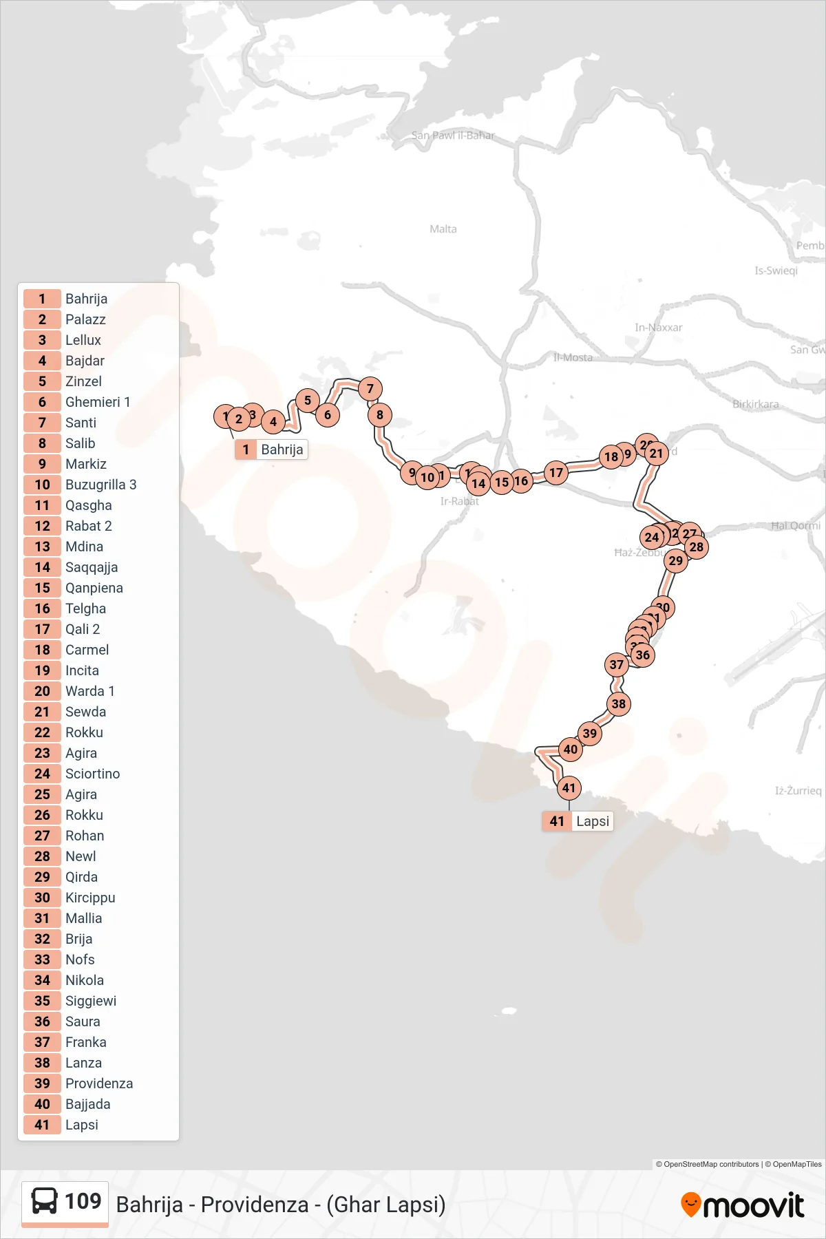 Linea 109  bus (Ghar Lapsi) - Percorsi e fermate sulla mappa