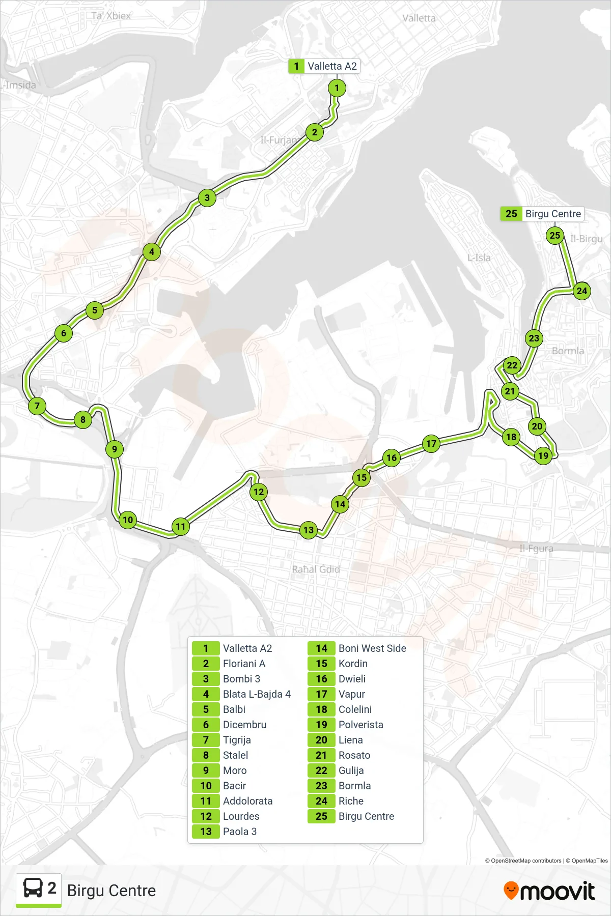 Linea 2 bus (Birgu Centre) - Percorsi e fermate sulla mappa