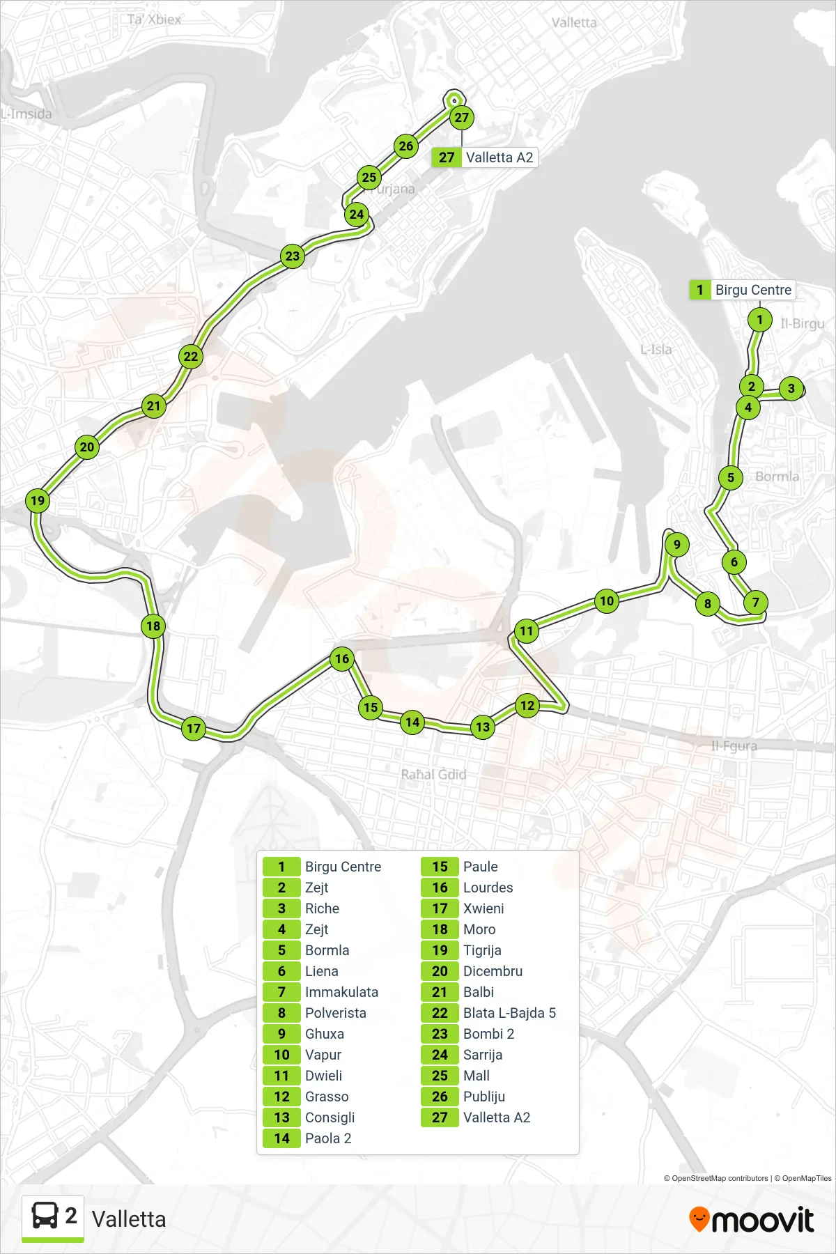 Linea 2 bus (Valletta) - Percorsi e fermate sulla mappa
