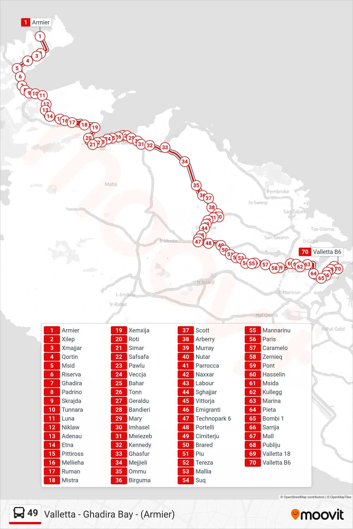 Linea 49 bus (Valletta) - Percorsi e fermate sulla mappa