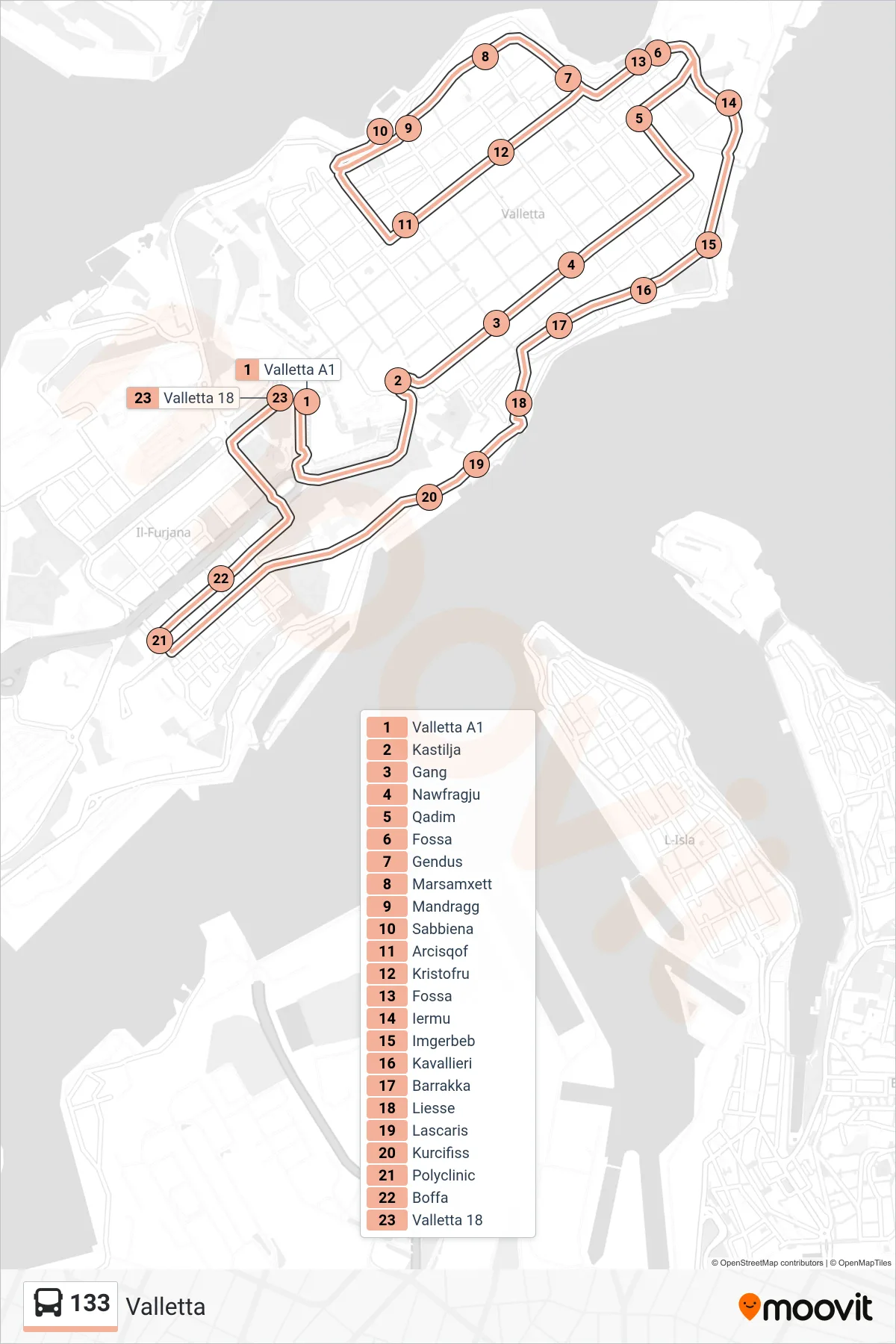 Linea 133 bus (Valletta) - Percorsi e fermate sulla mappa