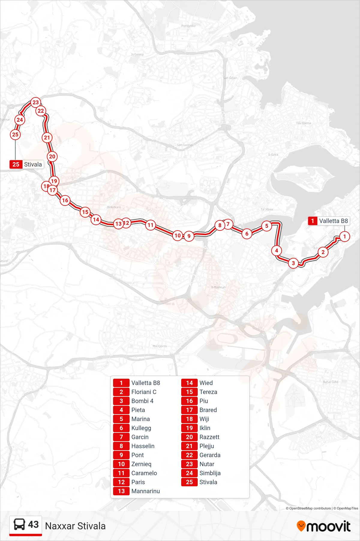Linea 43 bus (Naxxar Stivala) - Percorsi e fermate sulla mappa