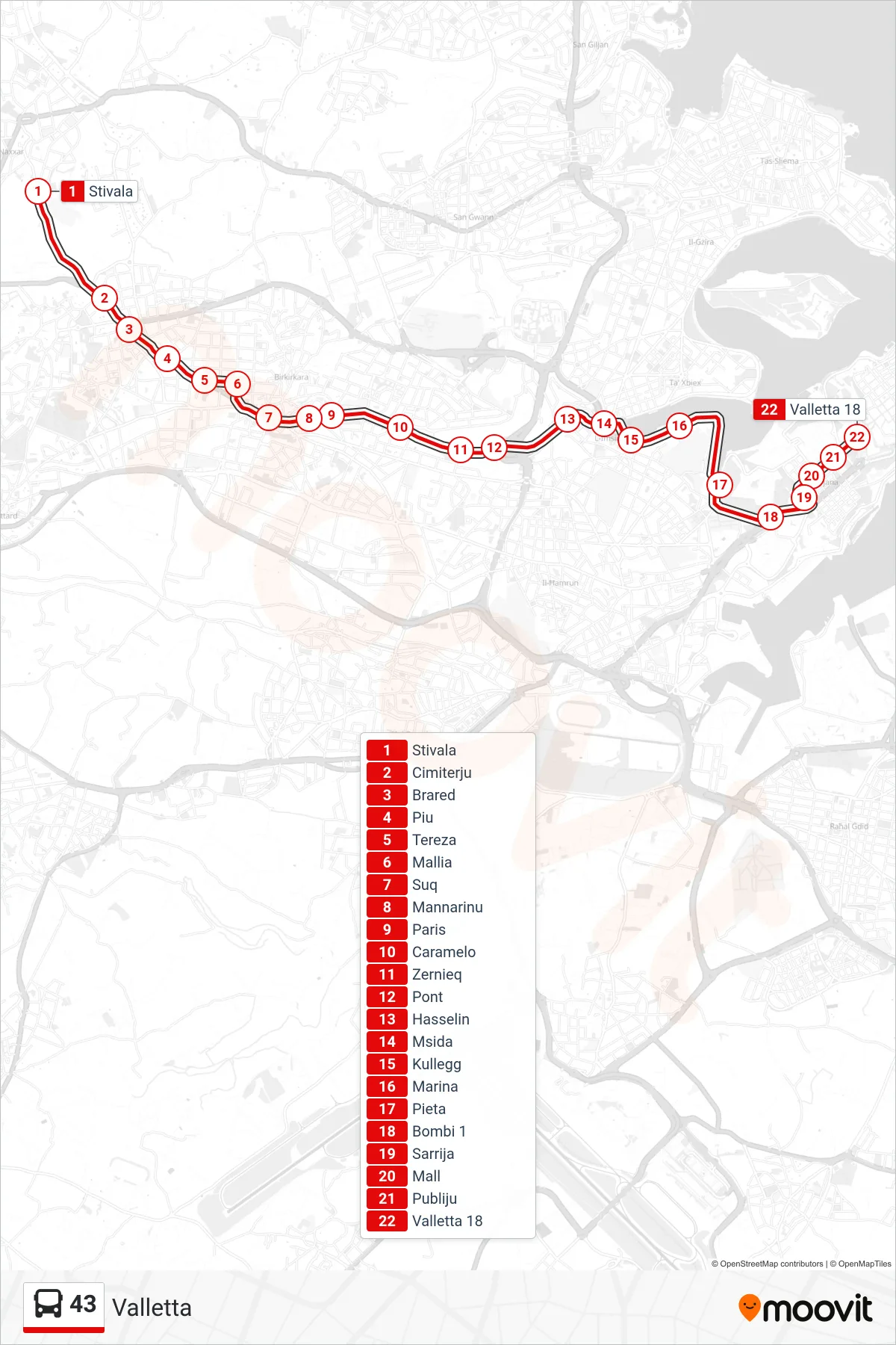 Linea 43  bus (Valletta) - Percorsi e fermate sulla mappa