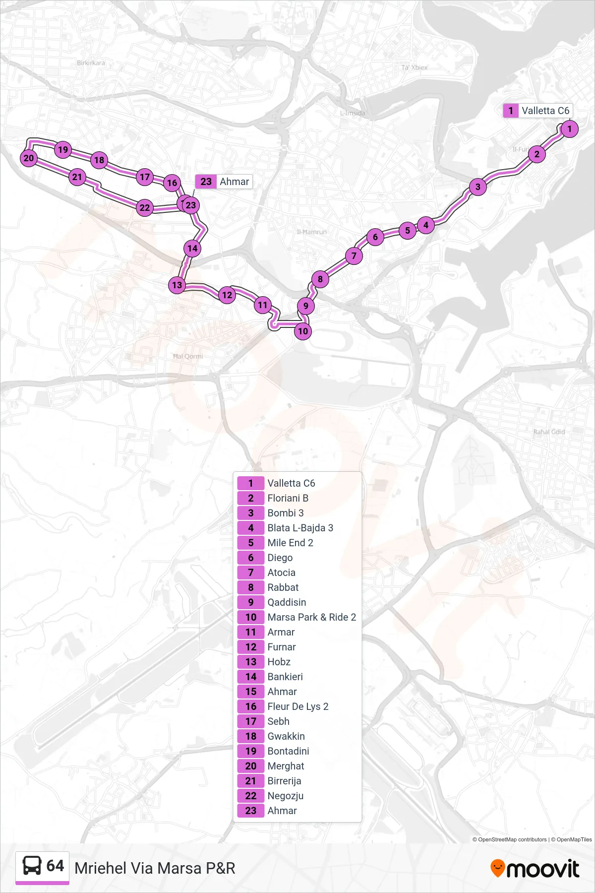 Linea 64 bus (Mriehel Via Marsa P&R) - Percorsi e fermate sulla mappa