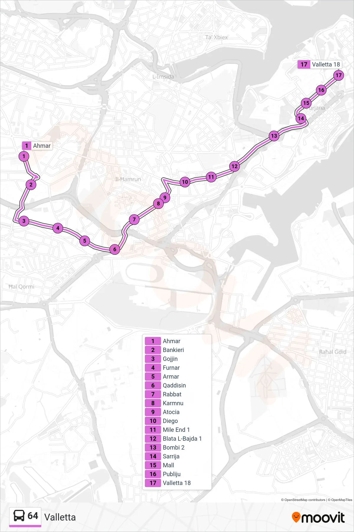 Linea 64  bus (Valletta) - Percorsi e fermate sulla mappa