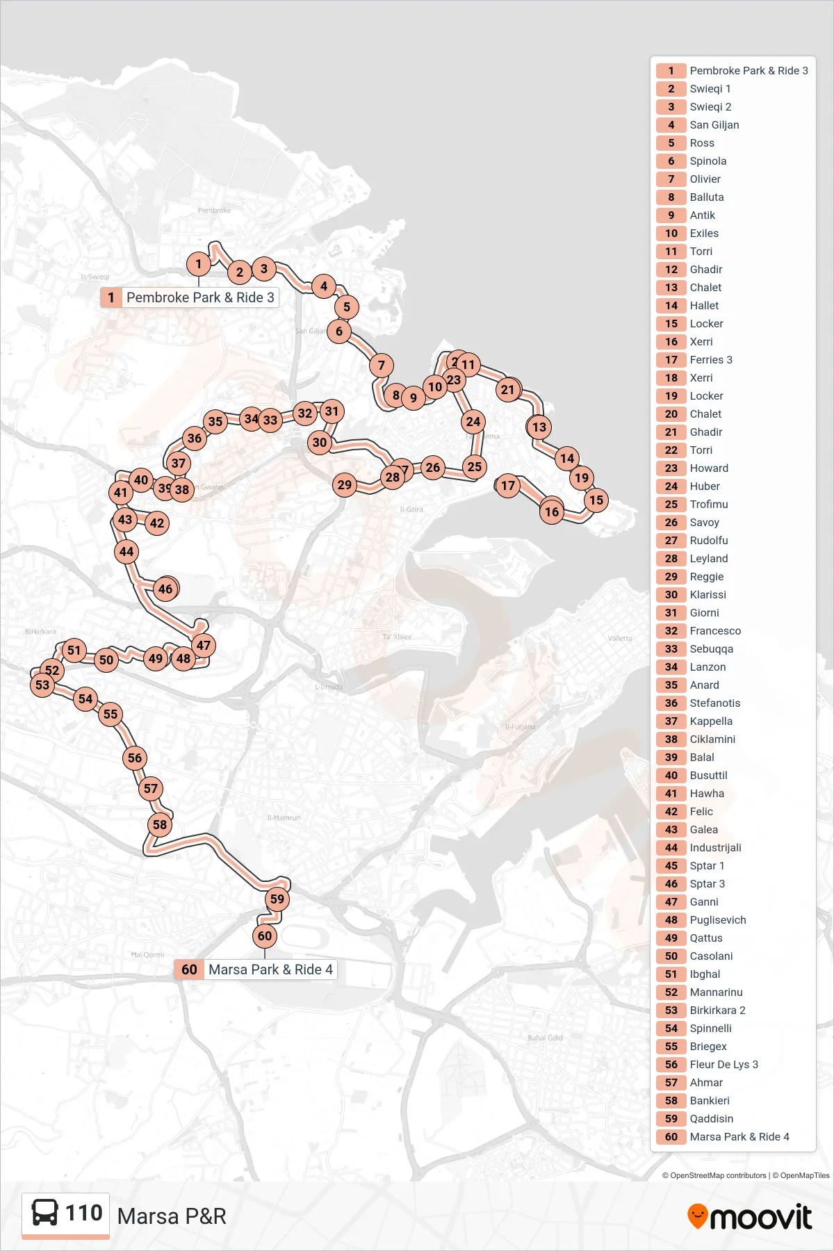 Linea 110 bus (Marsa P&R) - Percorsi e fermate sulla mappa