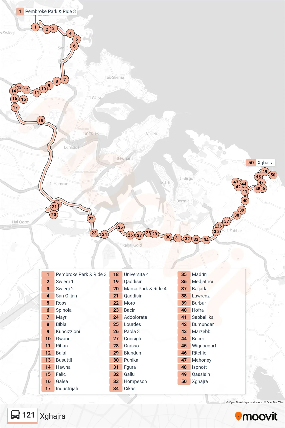 Linea 121  bus (Xghajra) - Percorsi e fermate sulla mappa