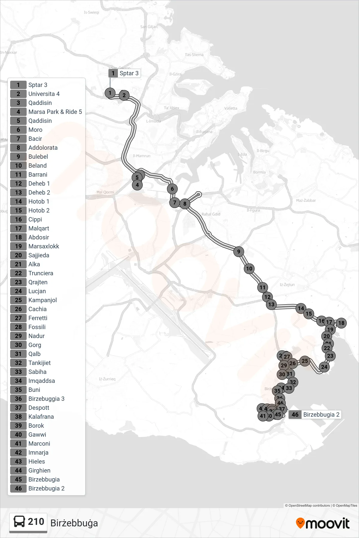 Linea 210  bus (Birżebbuġa) - Percorsi e fermate sulla mappa