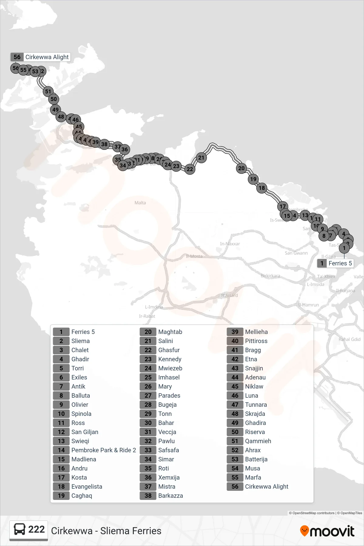 Linea 222 bus (Cirkewwa) - Percorsi e fermate sulla mappa