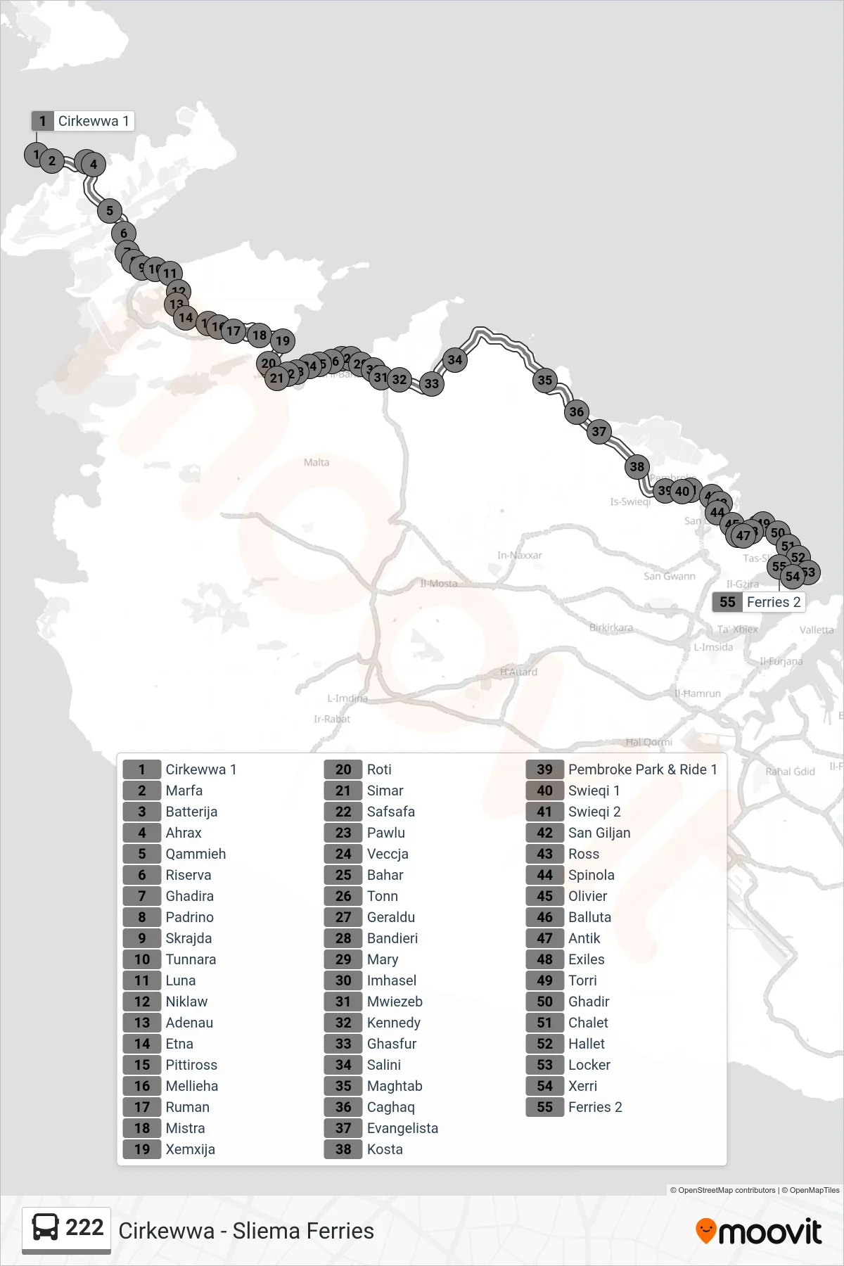 Linea 222  bus (Sliema Ferries) - Percorsi e fermate sulla mappa