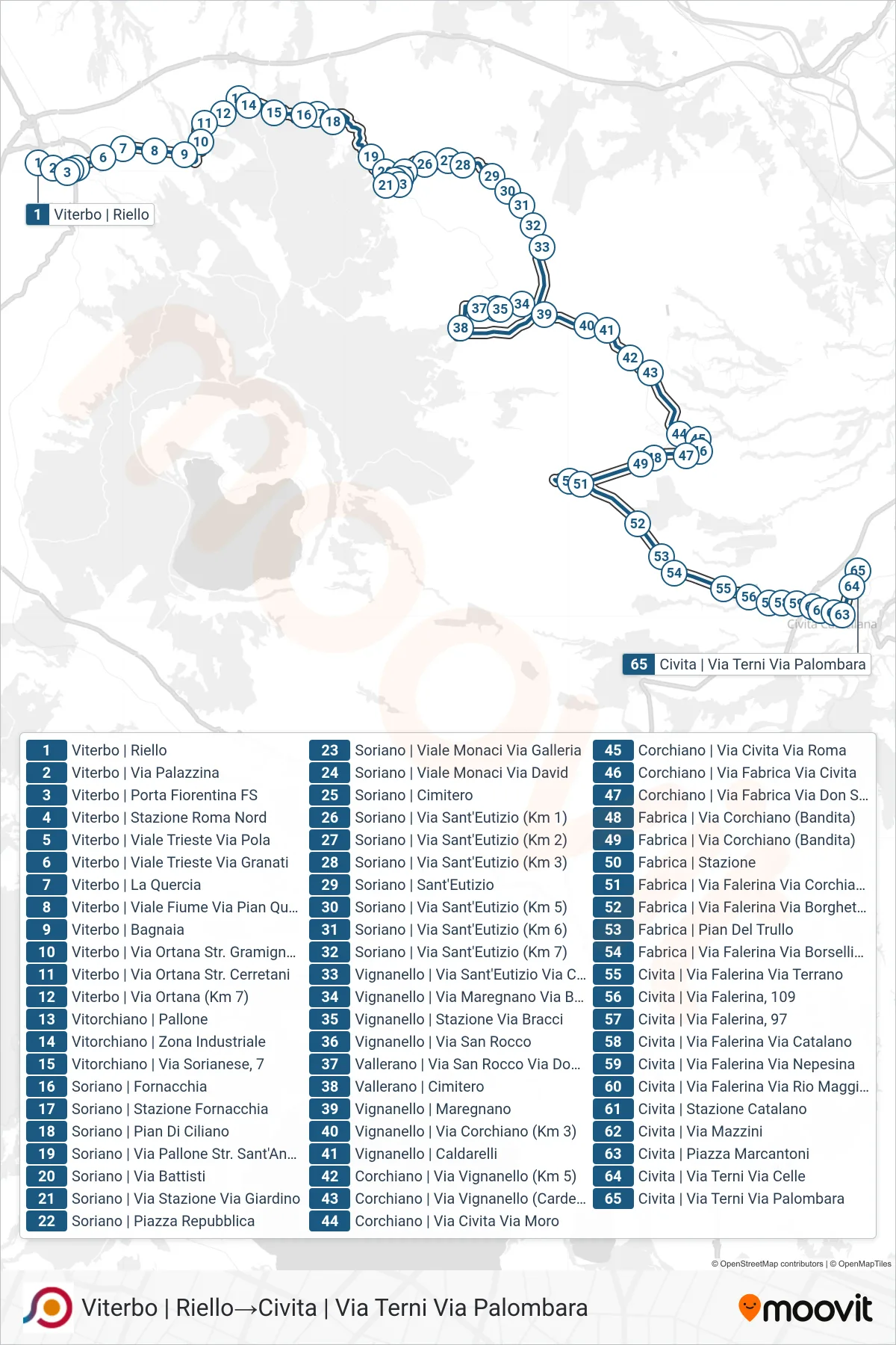 Linea COTRAL bus (Viterbo | Riello→Civita | Via Terni Via Palombara) - Percorsi e fermate sulla mappa
