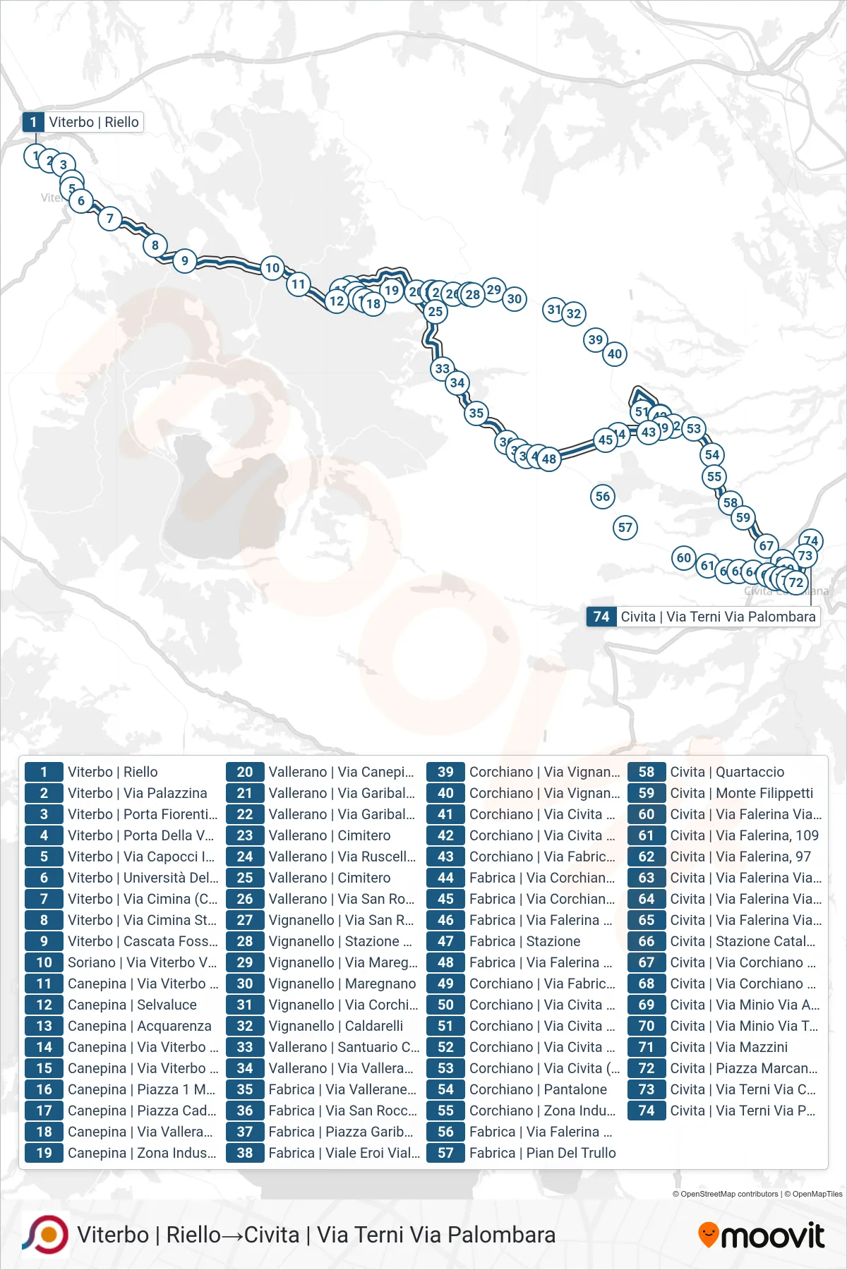 Linea COTRAL bus (Viterbo | Riello→Civita | Via Terni Via Palombara) - Percorsi e fermate sulla mappa