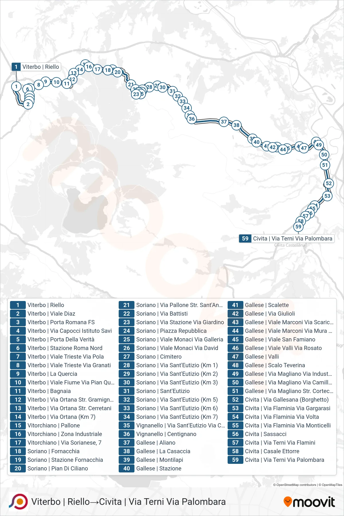 Linea COTRAL bus (Viterbo | Riello→Civita | Via Terni Via Palombara) - Percorsi e fermate sulla mappa