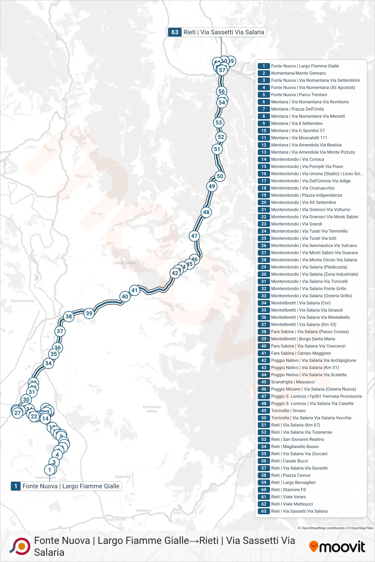 Linea COTRAL bus (Fonte Nuova | Largo Fiamme Gialle→Rieti | Via Sassetti Via Salaria) - Percorsi e fermate sulla mappa