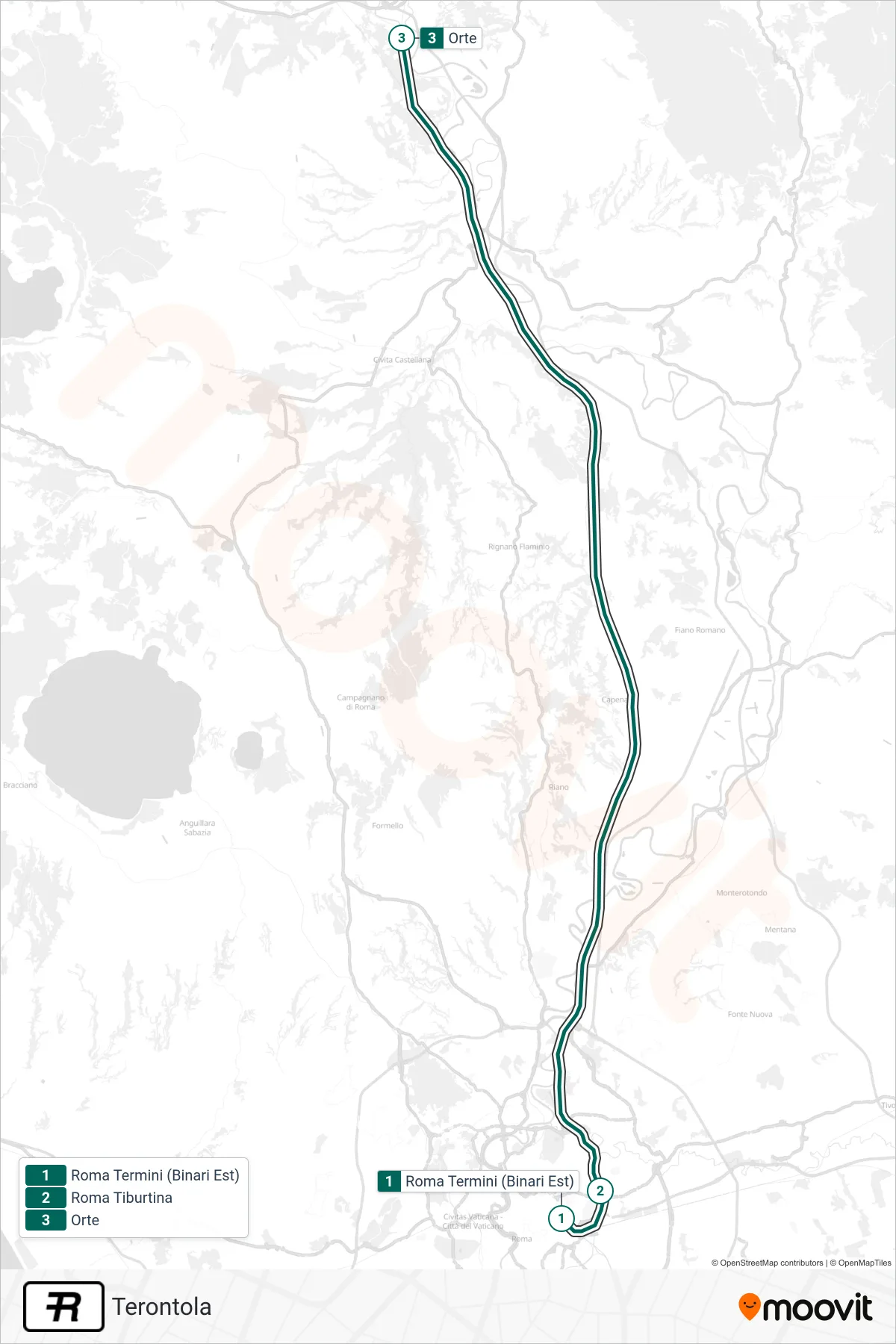 R rail Line (Terontola) route and stops on a map