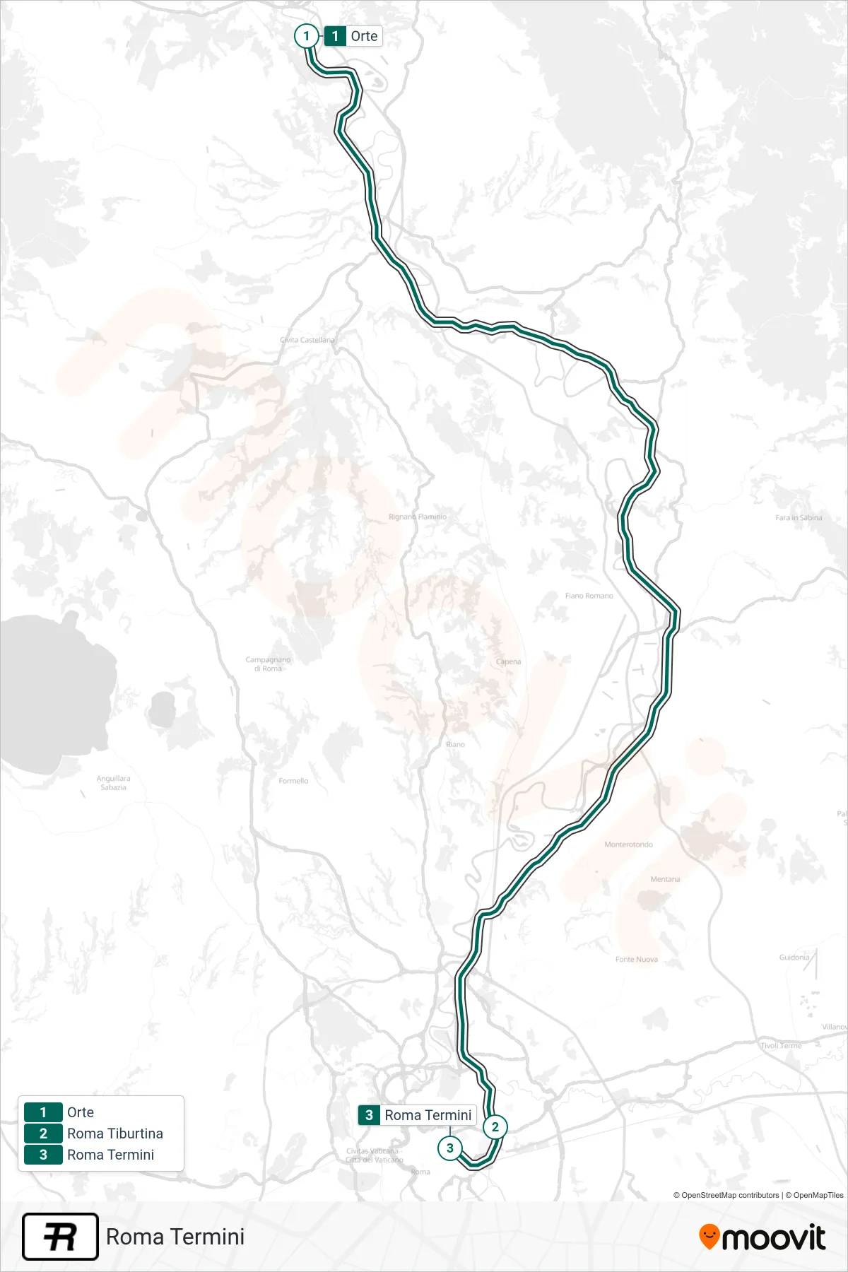 R rail Line (Roma Termini) route and stops on a map