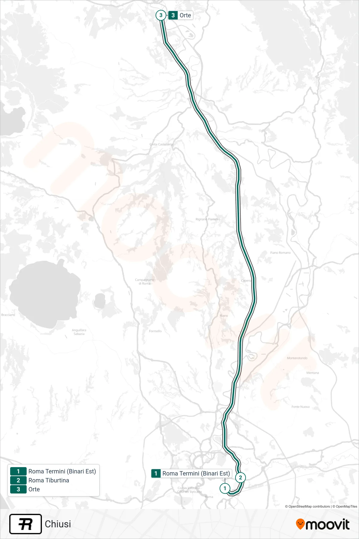 R rail Line (Closed) route and stops on a map