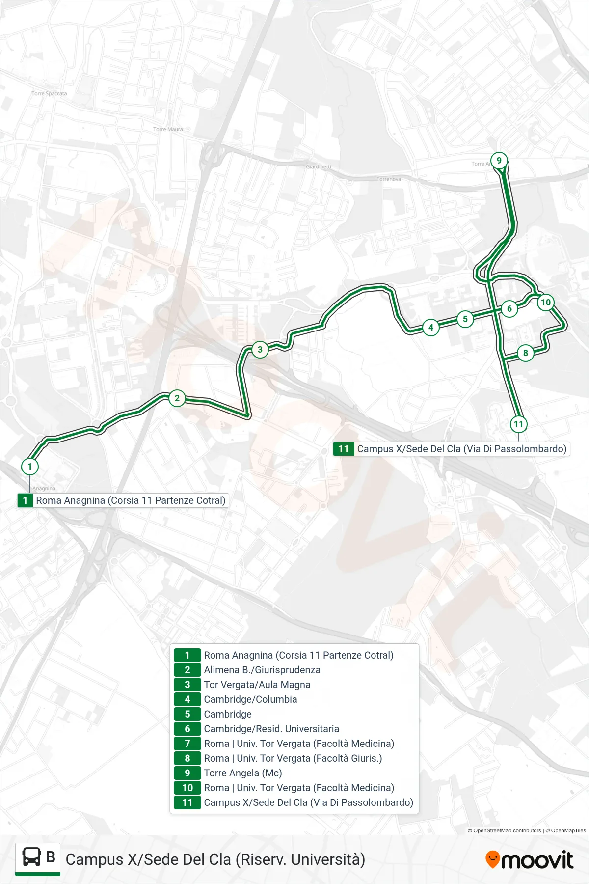 Linea B bus (Campus X/Sede Del Cla (Riserv. Università)) - Percorsi e fermate sulla mappa
