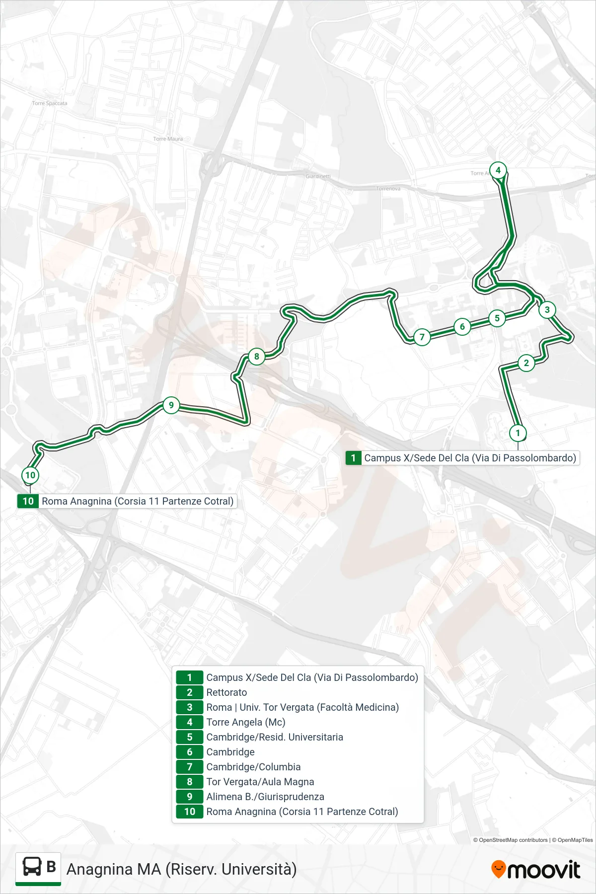 Linea B bus (Anagnina MA (Riserv. Università)) - Percorsi e fermate sulla mappa