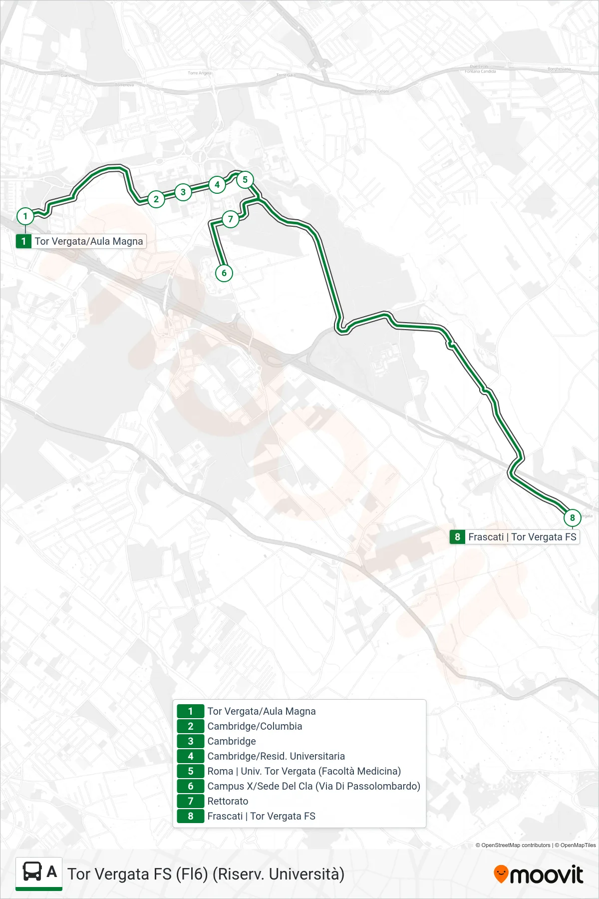 A bus Line (Tor Vergata Station (FL6) (University Reserve)) route and stops on a map