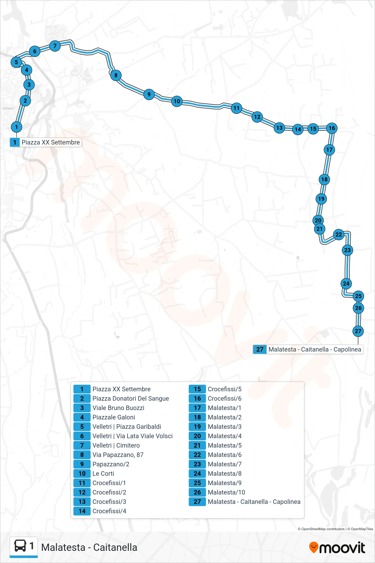 Linea 1 bus (Malatesta - Caitanella) - Percorsi e fermate sulla mappa