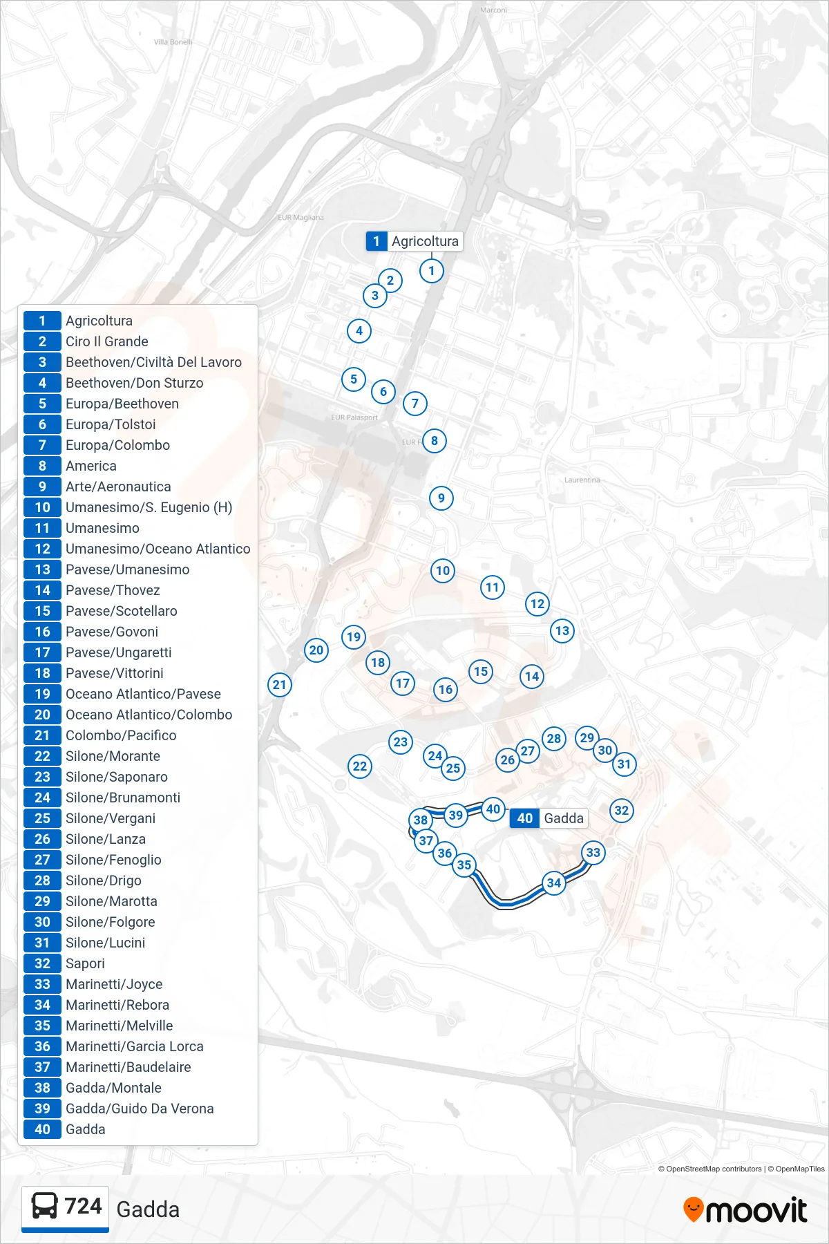 Linea 724  bus (Gadda) - Percorsi e fermate sulla mappa