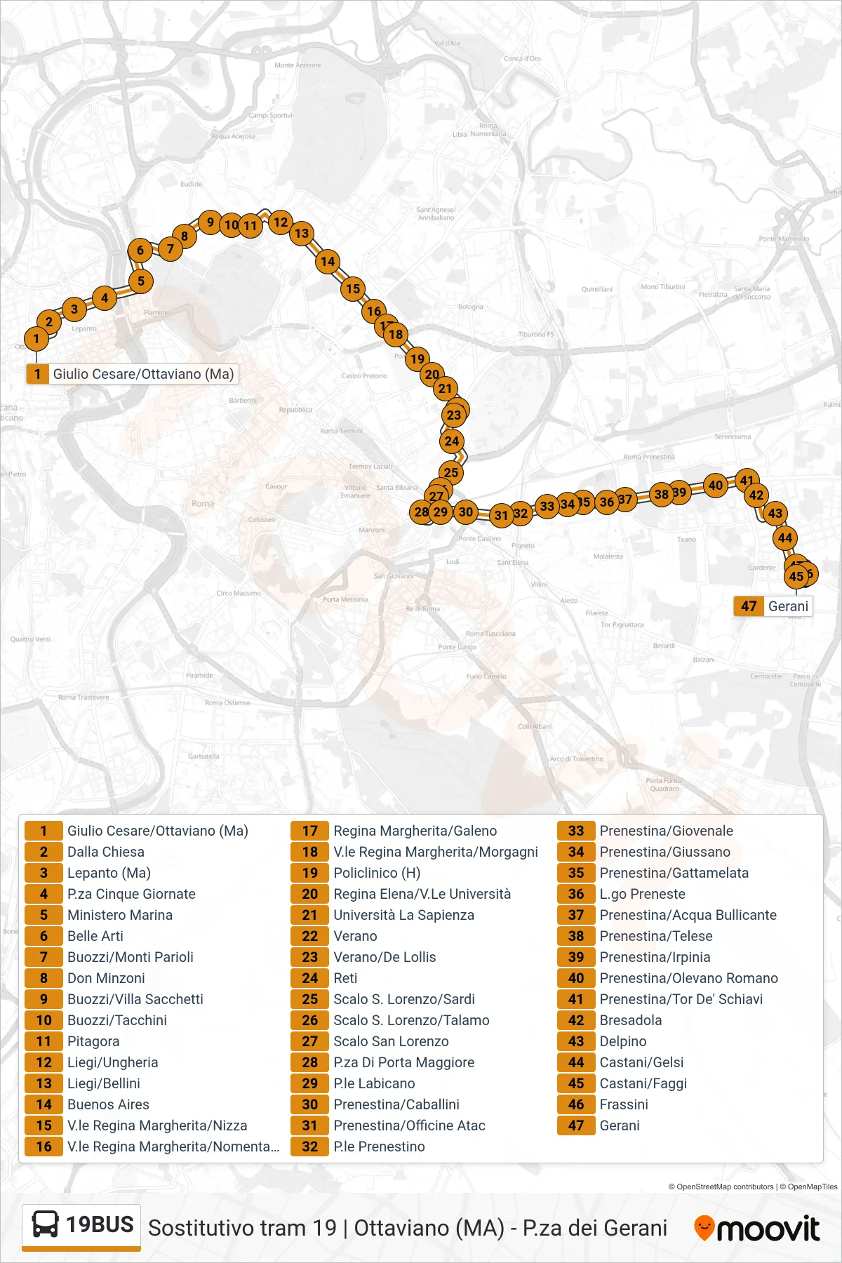 Linea 19BUS bus (Gerani) - Percorsi e fermate sulla mappa