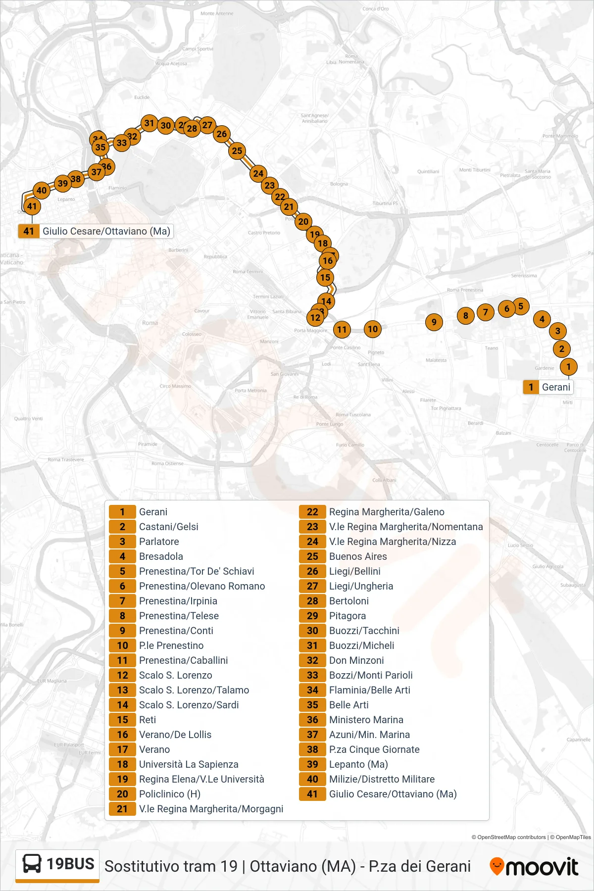Linea 19BUS bus (Giulio Cesare/Ottaviano (Ma)) - Percorsi e fermate sulla mappa