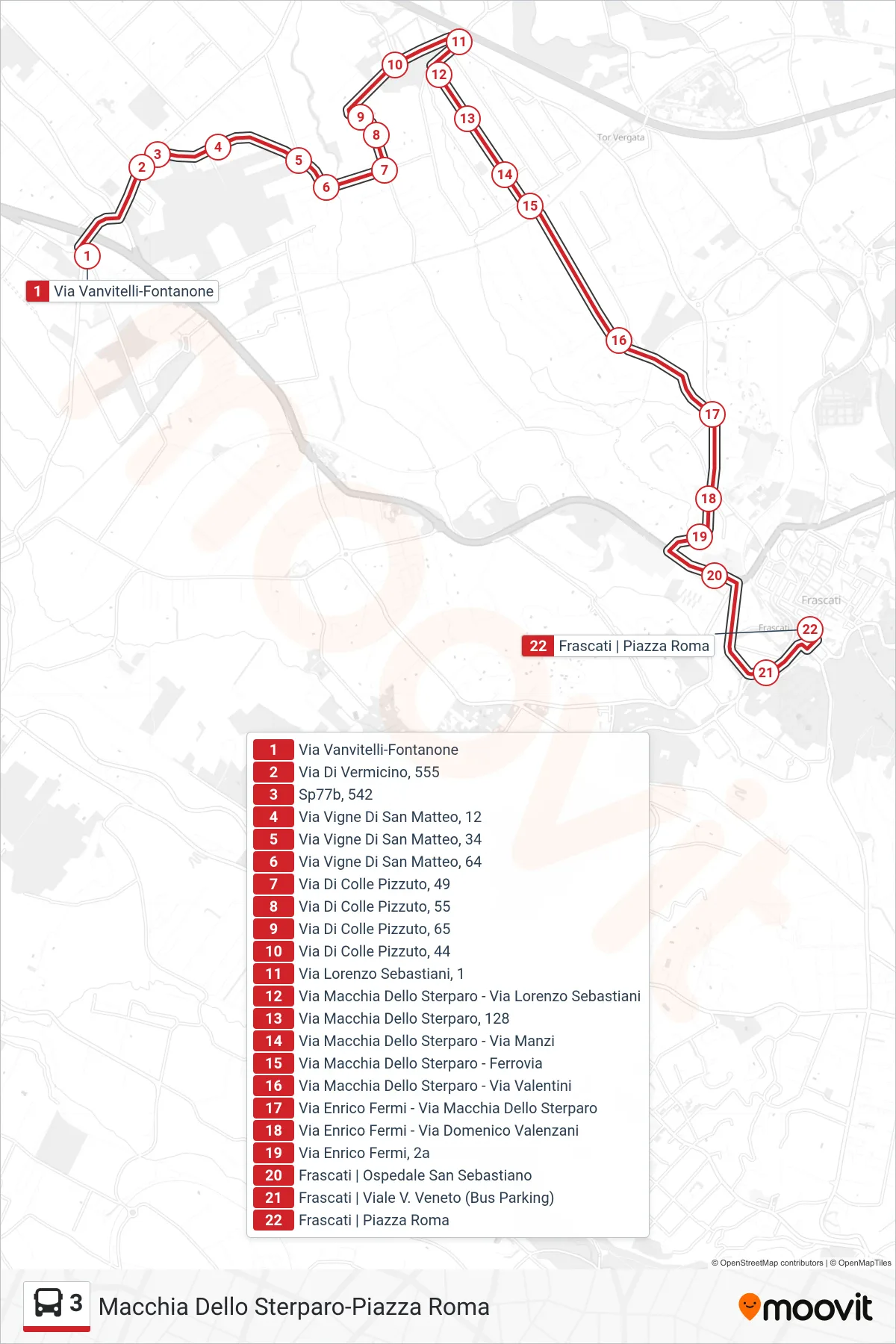 3 bus Line (Macchia Dello Sterparo-Piazza Roma) route and stops on a map