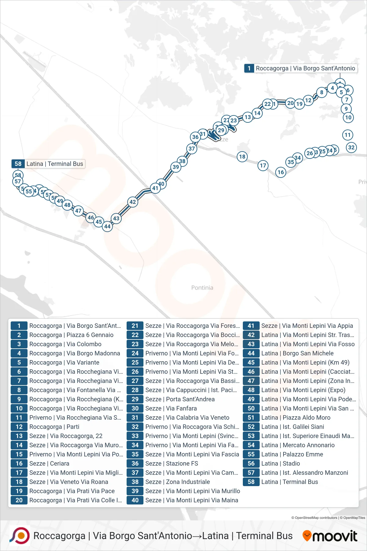 Linea COTRAL bus (Roccagorga | Via Borgo Sant'Antonio→Latina | Terminal Bus) - Percorsi e fermate sulla mappa
