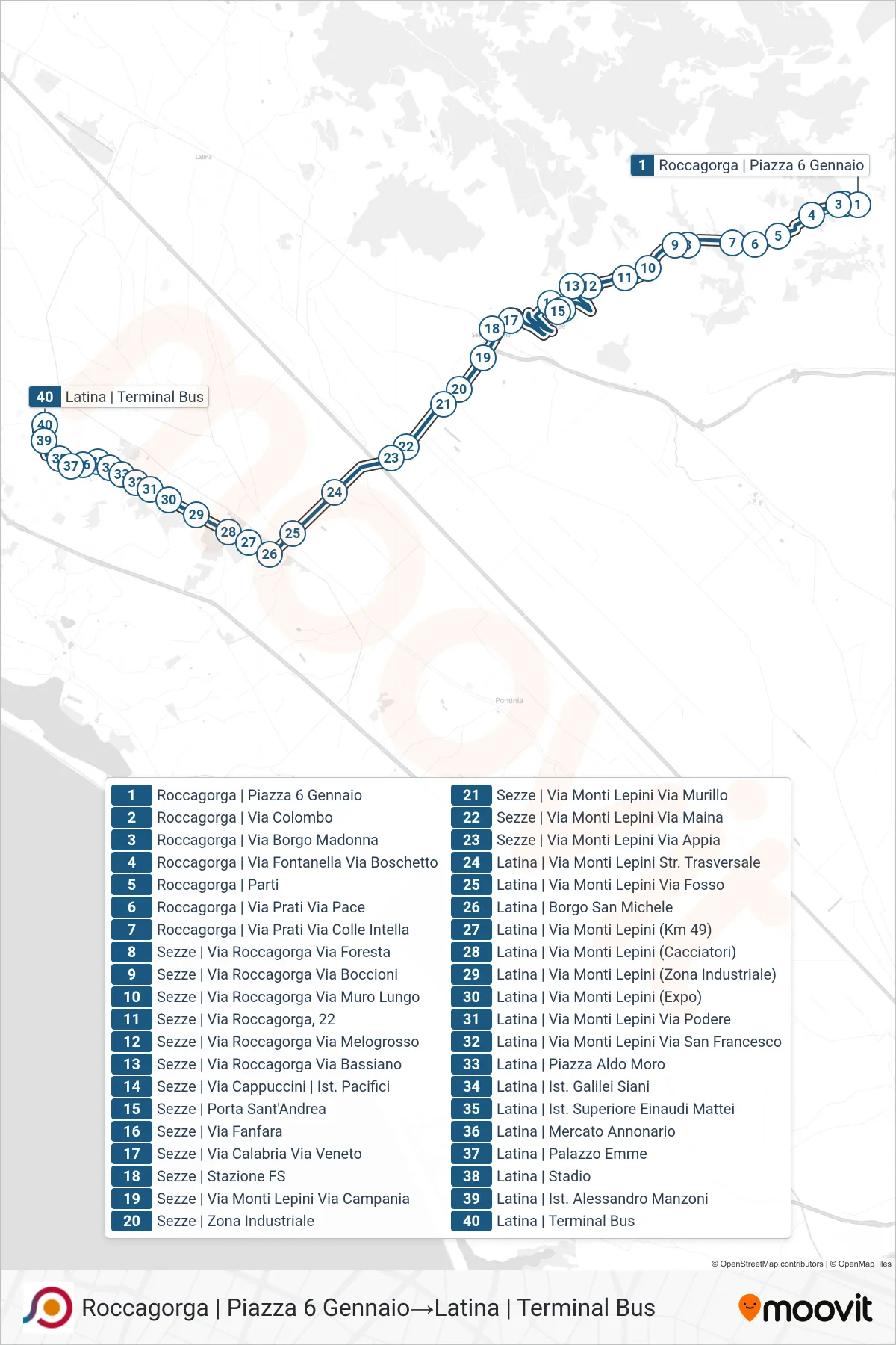 Linea COTRAL bus (Roccagorga | Piazza 6 Gennaio→Latina | Terminal Bus) - Percorsi e fermate sulla mappa