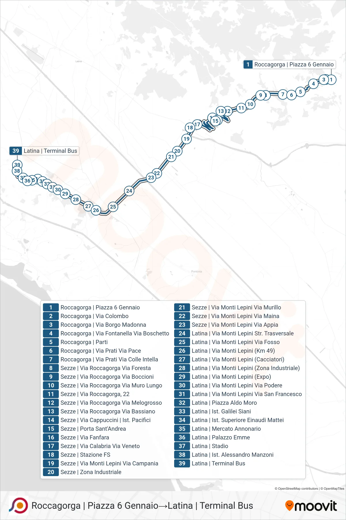 Linea COTRAL bus (Roccagorga | Piazza 6 Gennaio→Latina | Terminal Bus) - Percorsi e fermate sulla mappa
