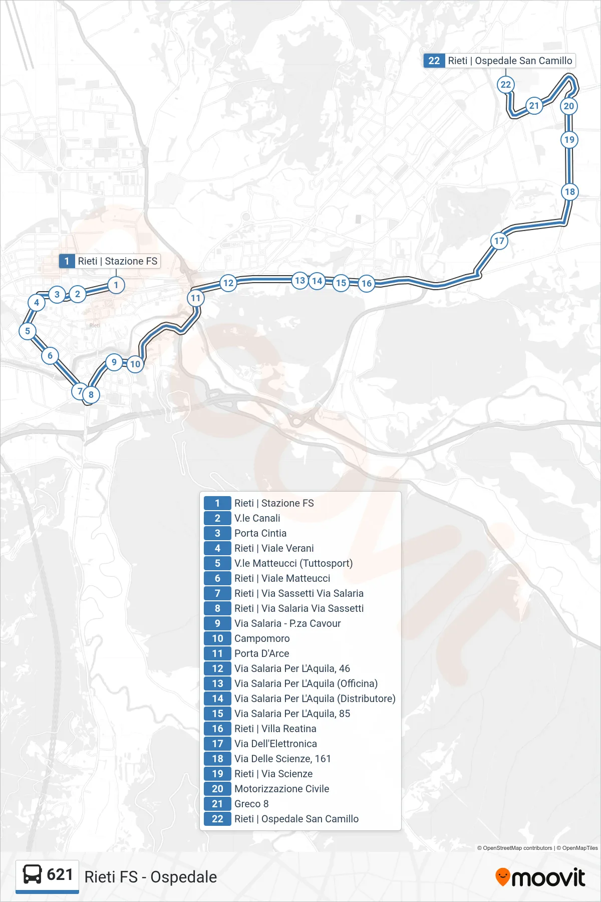 Linea 621 bus (Ospedale) - Percorsi e fermate sulla mappa
