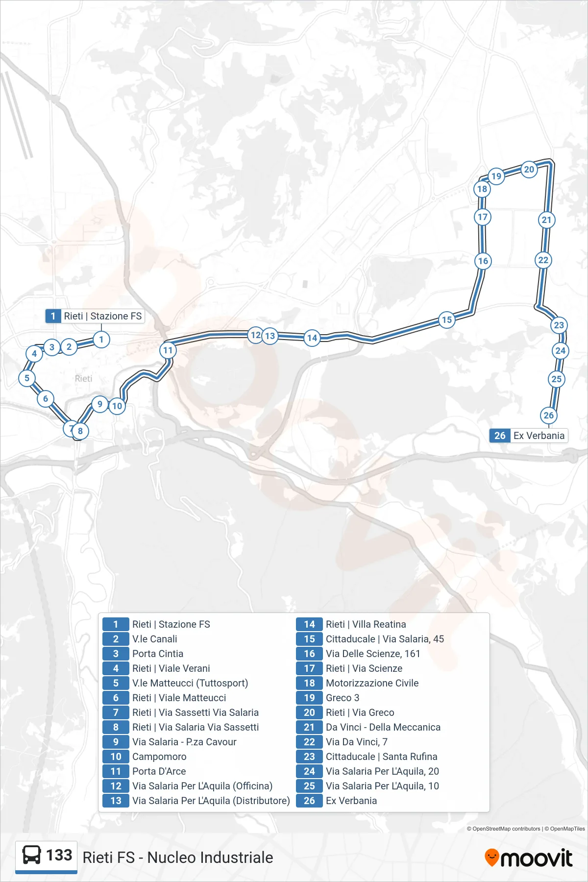 Linea 133 bus (Nucleo Industriale) - Percorsi e fermate sulla mappa
