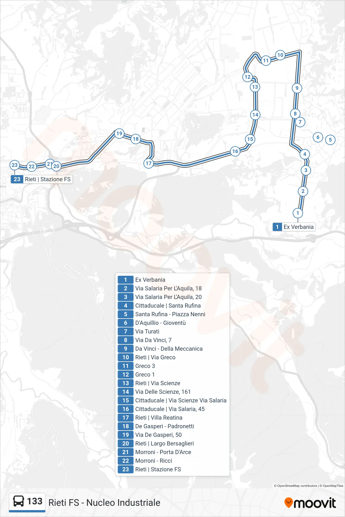Linea 133 bus (Rieti FS) - Percorsi e fermate sulla mappa