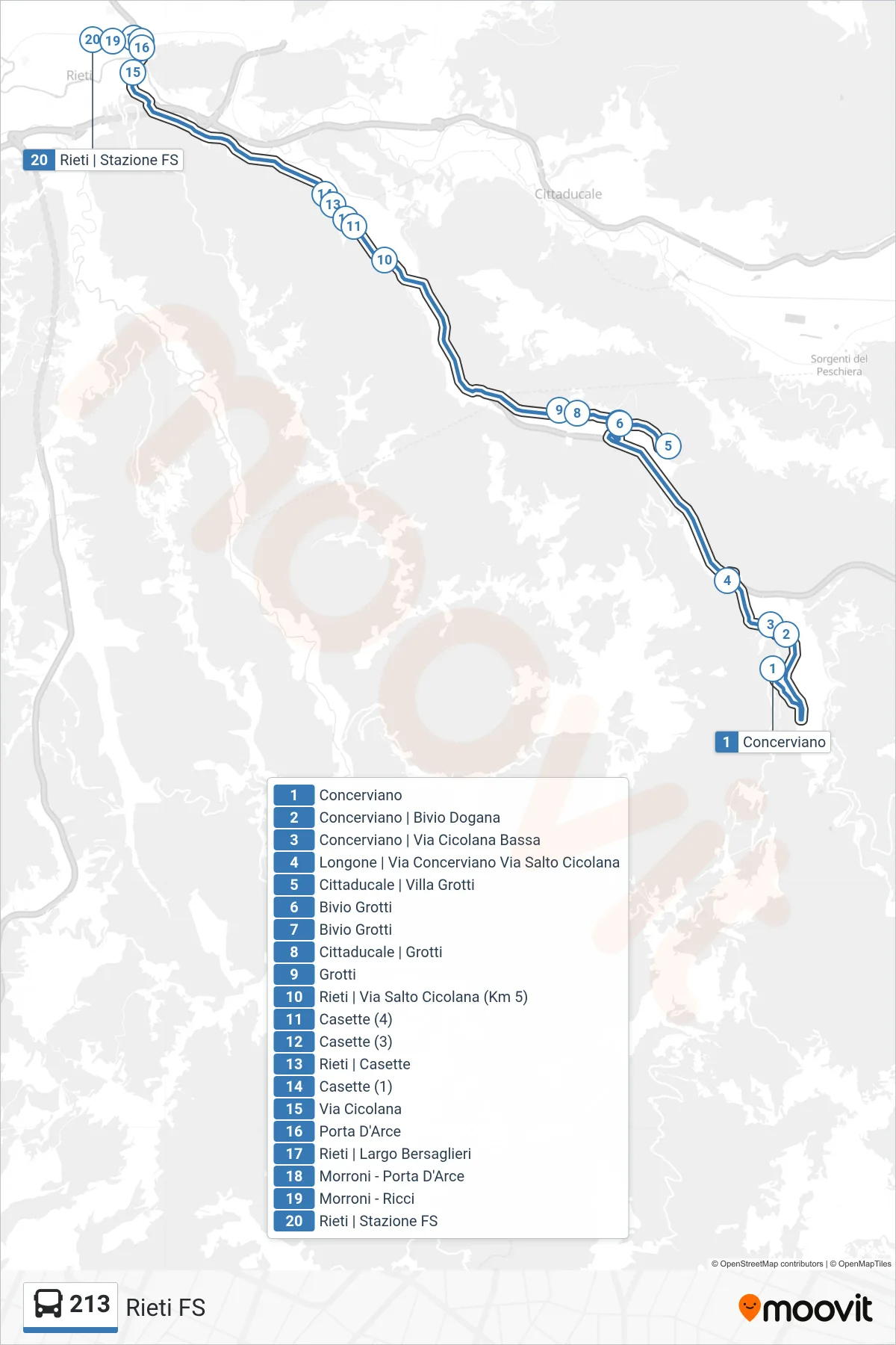 Linea 213 bus (Rieti FS) - Percorsi e fermate sulla mappa