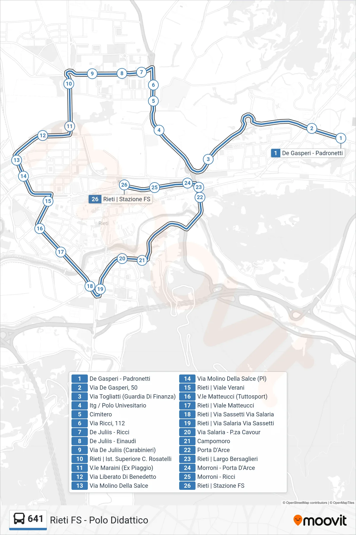 Linea 641 bus (Rieti FS) - Percorsi e fermate sulla mappa