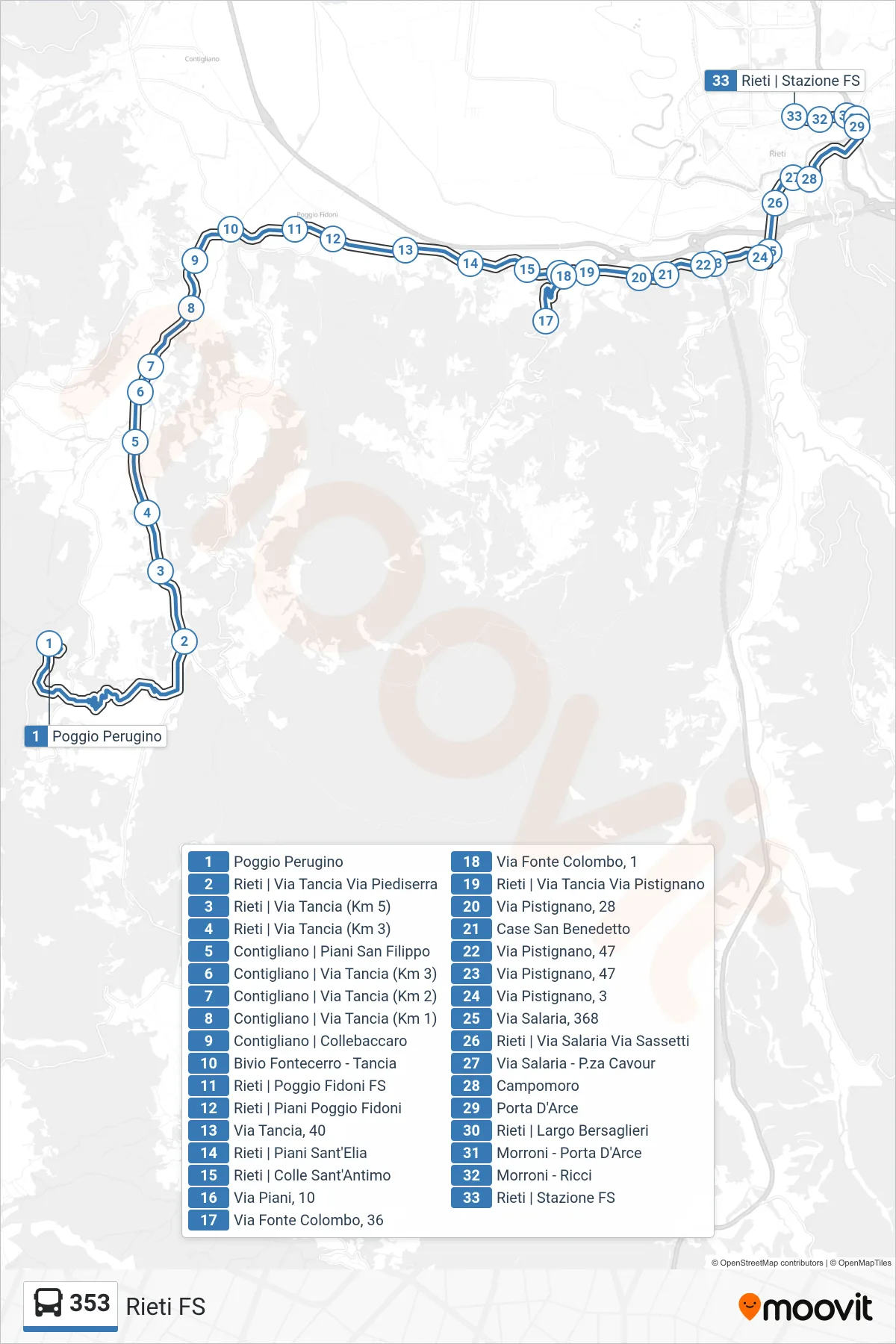 Linea 353 bus (Rieti FS) - Percorsi e fermate sulla mappa
