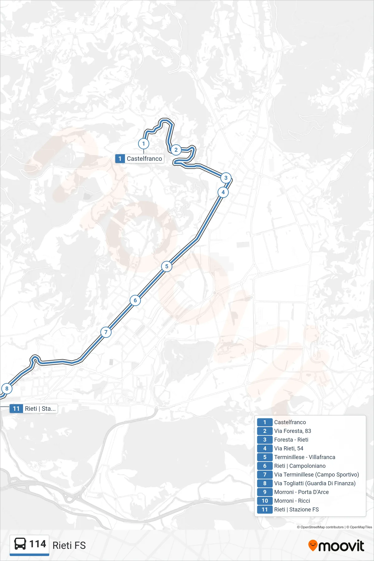 Linea 114 bus (Rieti FS) - Percorsi e fermate sulla mappa