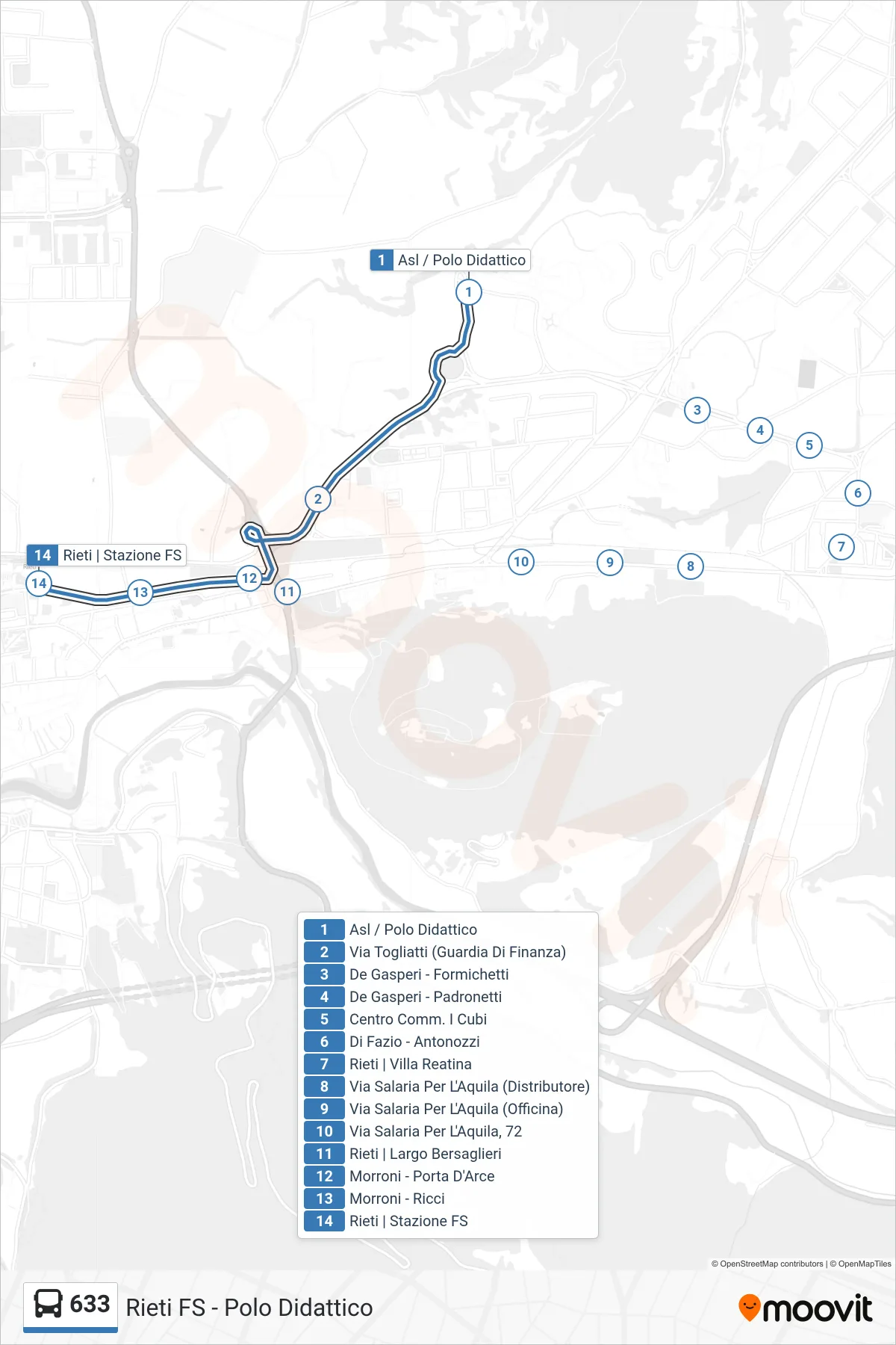Linea 633 bus (Rieti FS) - Percorsi e fermate sulla mappa