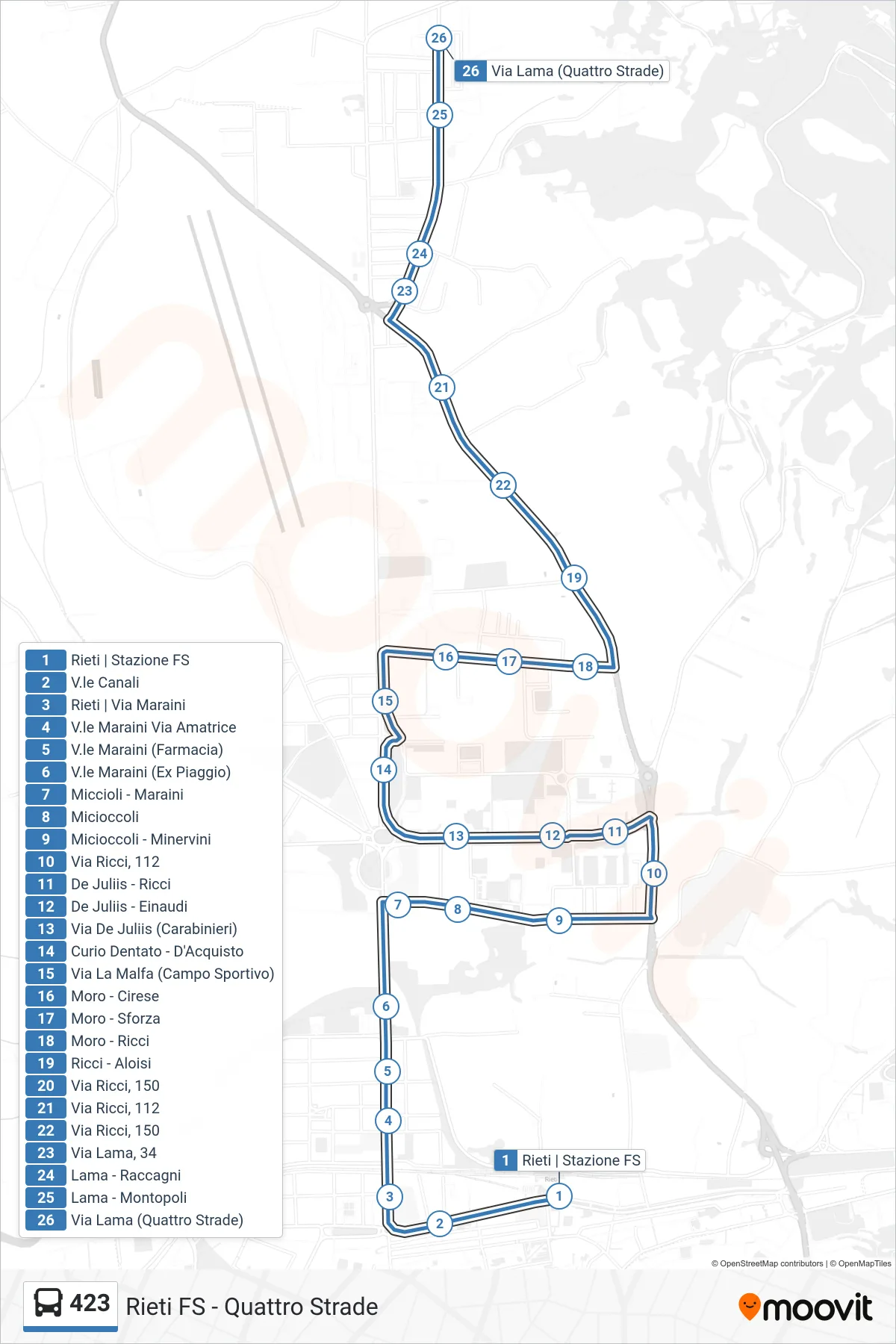 Linea 423 bus (Via Lama) - Percorsi e fermate sulla mappa