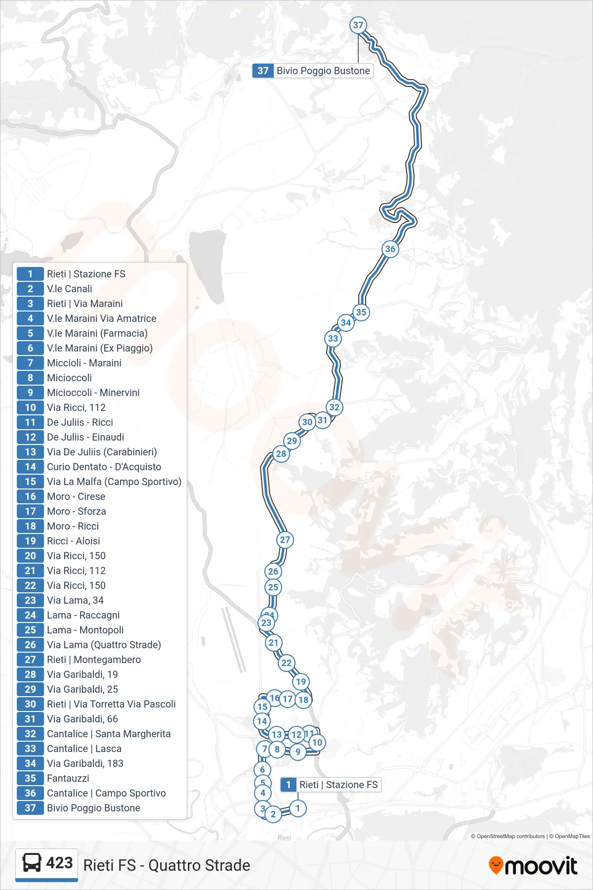 Linea 423 bus (Bivio Poggio Bustone) - Percorsi e fermate sulla mappa
