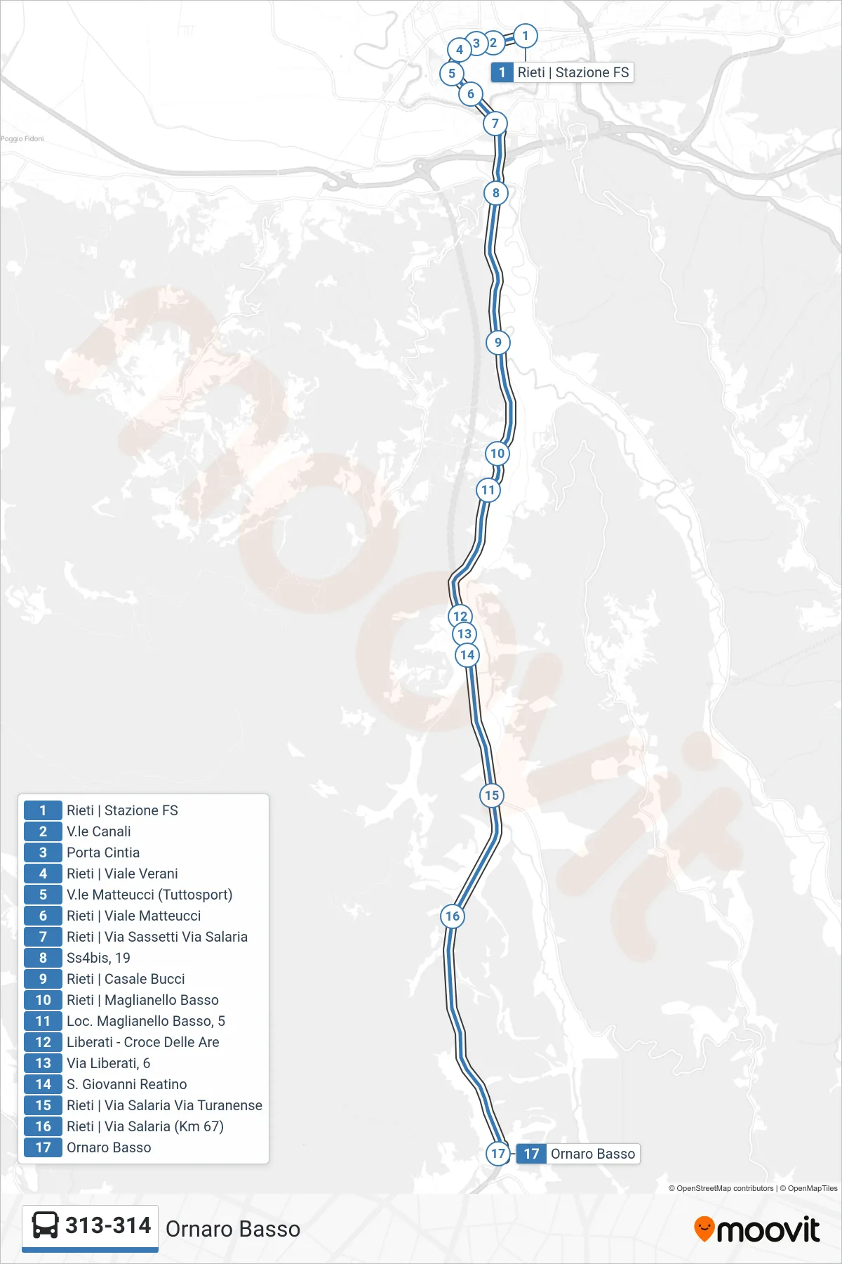 313-314 bus Line (Ornaro Basso) route and stops on a map