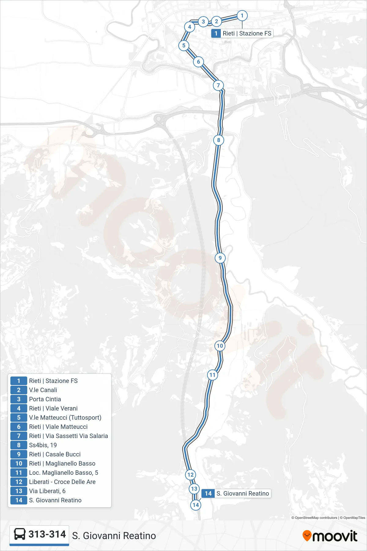 313-314 bus Line (San Giovanni Reatino) route and stops on a map