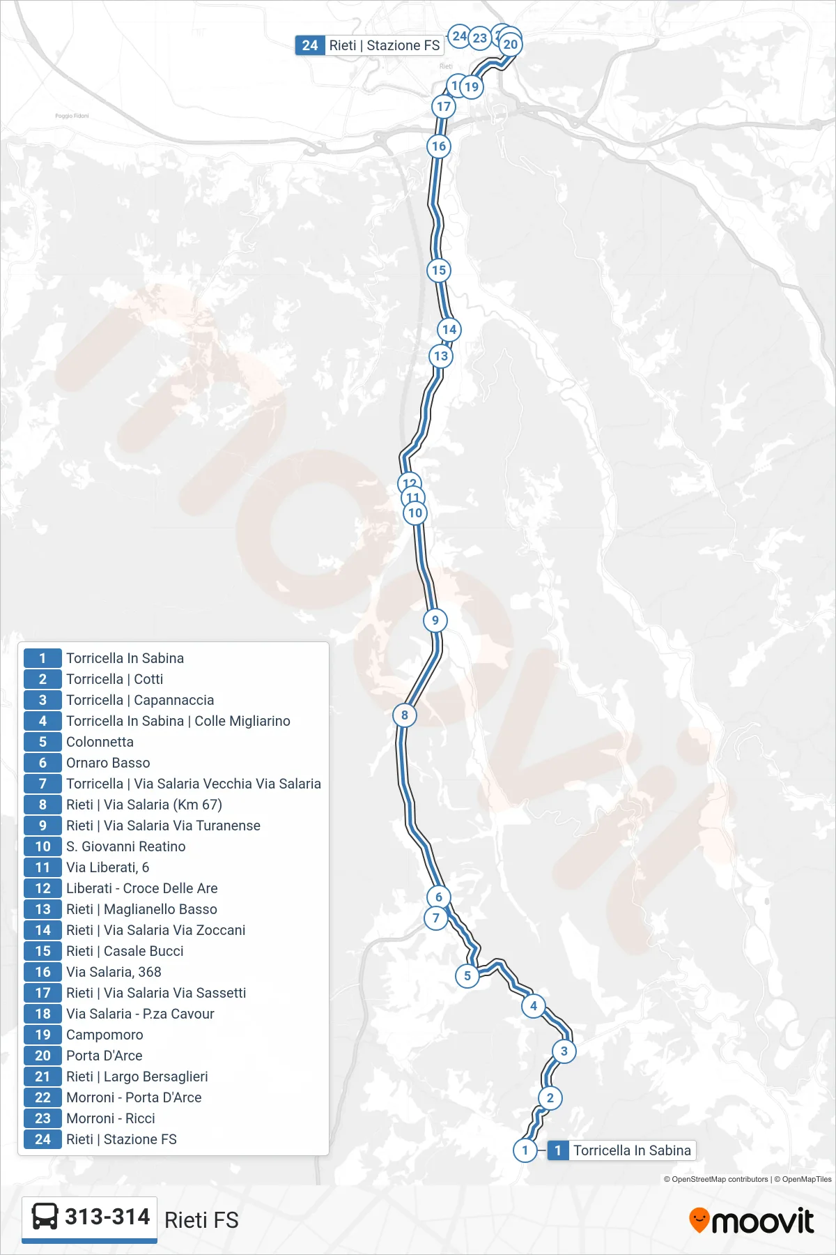 313-314 bus Line (Rieti Station) route and stops on a map